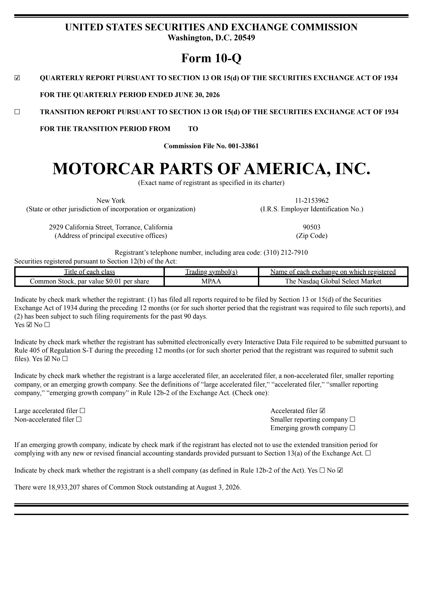 Motorcar Parts of America's Q1 2027 Quarterly report