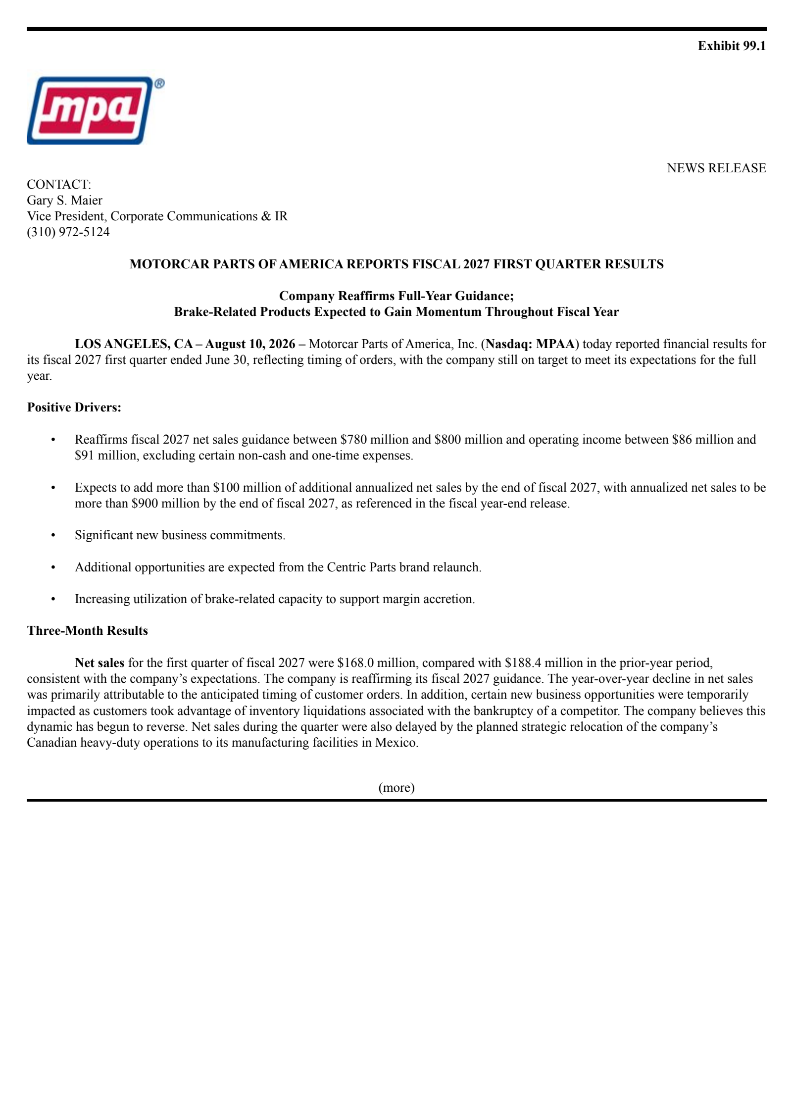Motorcar Parts of America's Q1 2027 Press Release