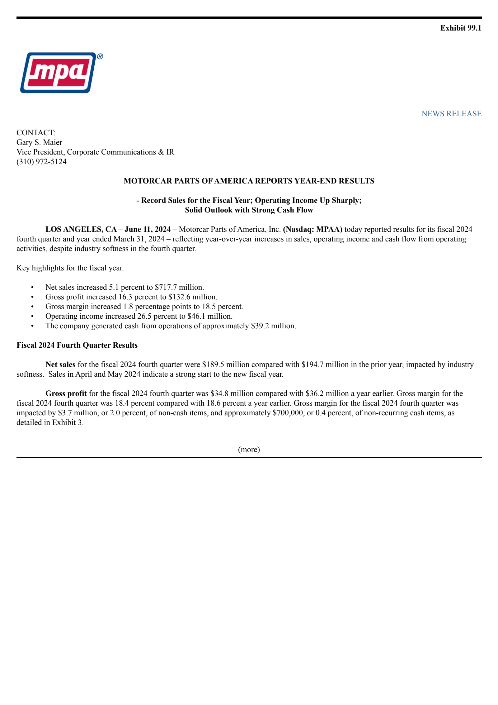 Motorcar Parts of America's Q4 2024 Press Release