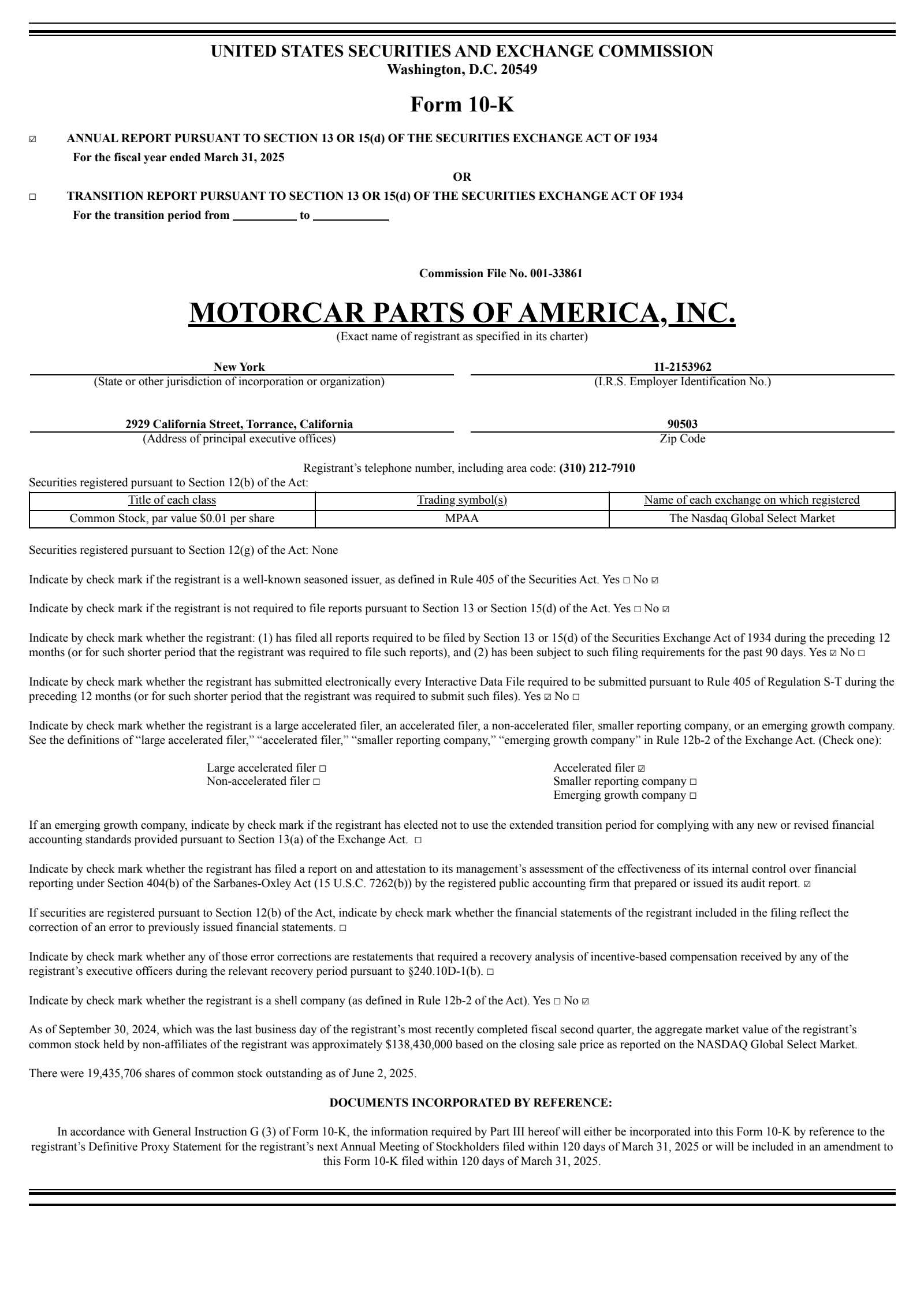 Motorcar Parts of America's Q4 2025 Annual report