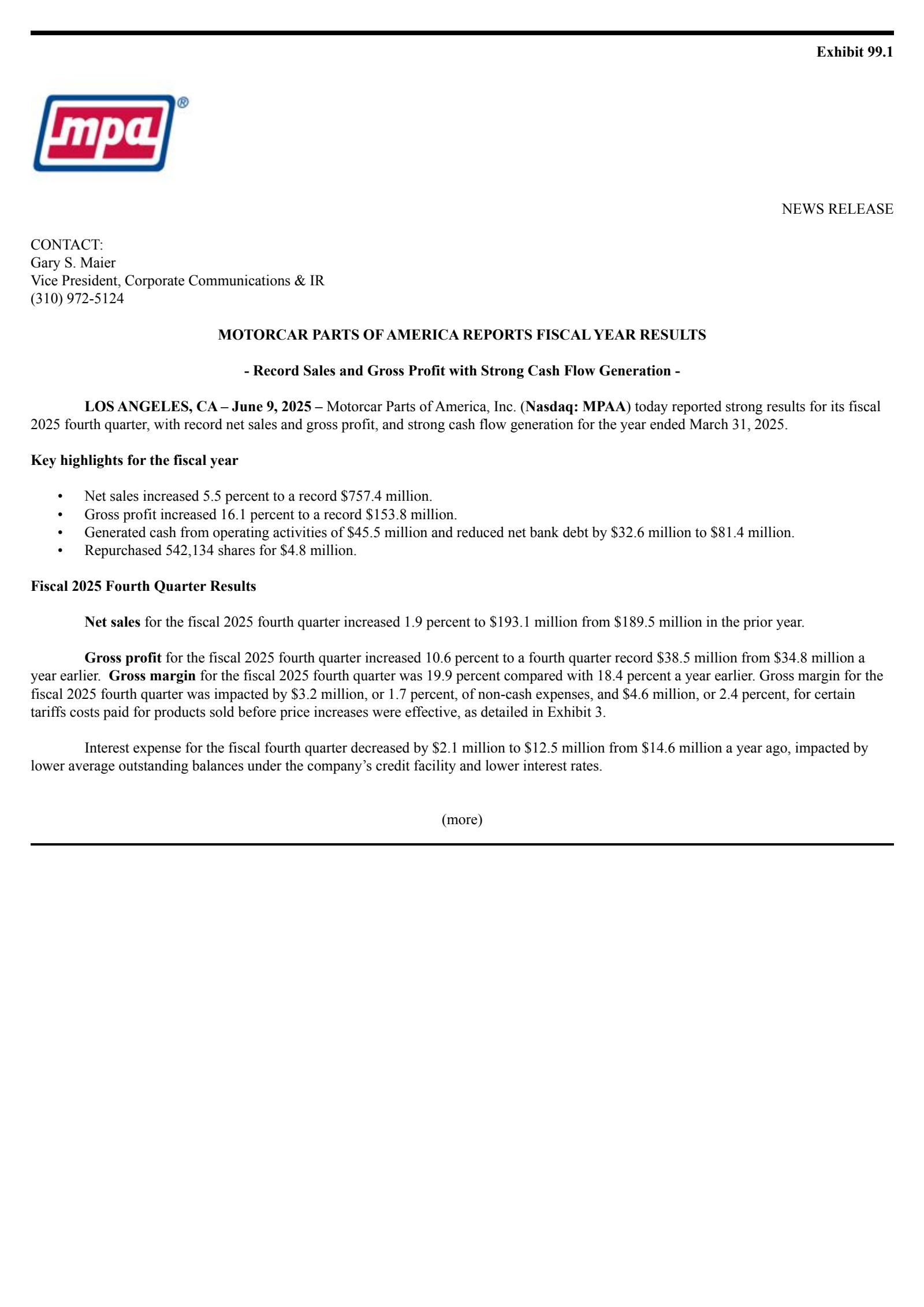 Motorcar Parts of America's Q4 2025 Press Release