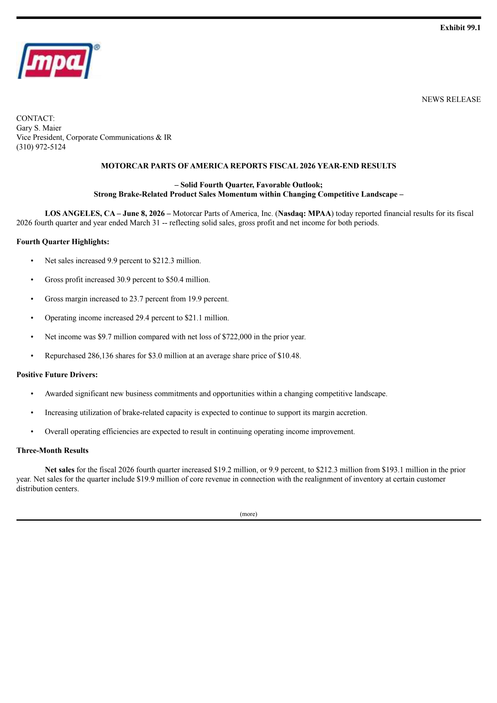 Motorcar Parts of America's Q4 2026 Press Release