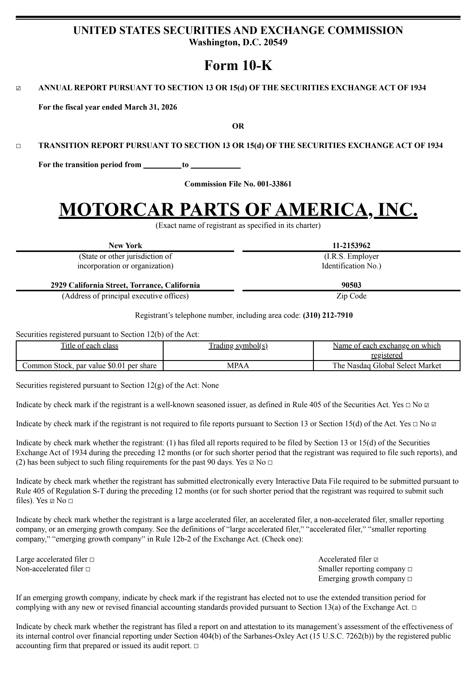 Motorcar Parts of America's Q4 2026 Annual report