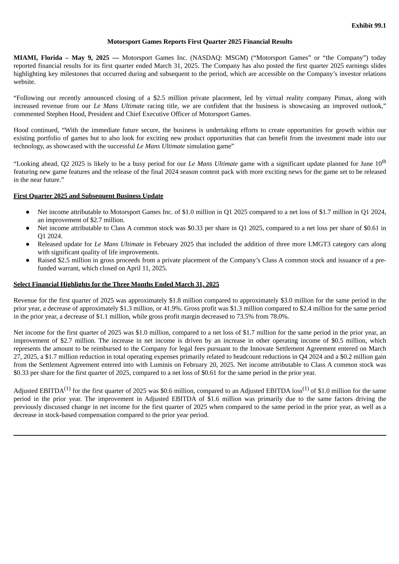 Motorsport Games' Q1 2025 Press Release