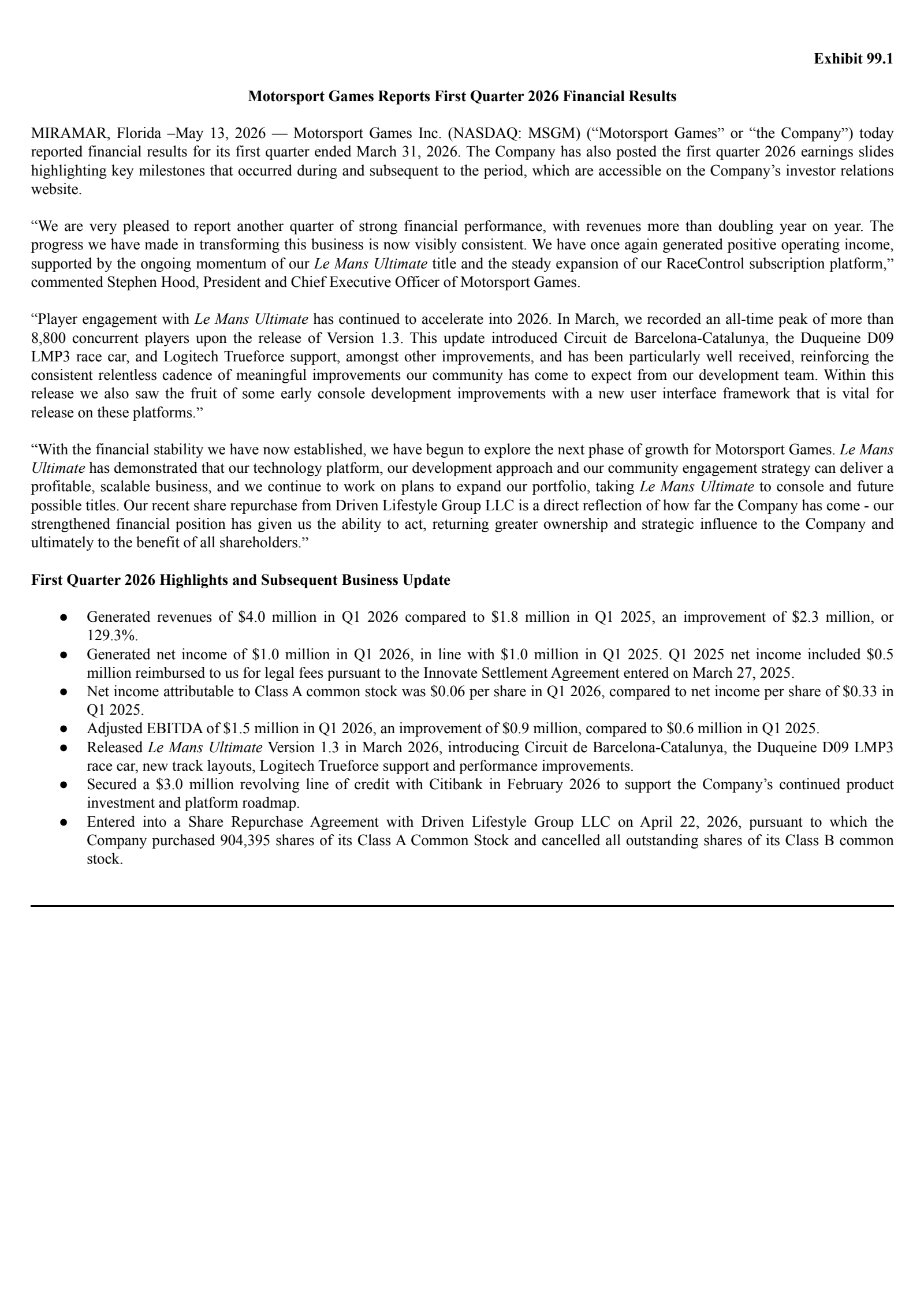 Motorsport Games' Q1 2026 Press Release