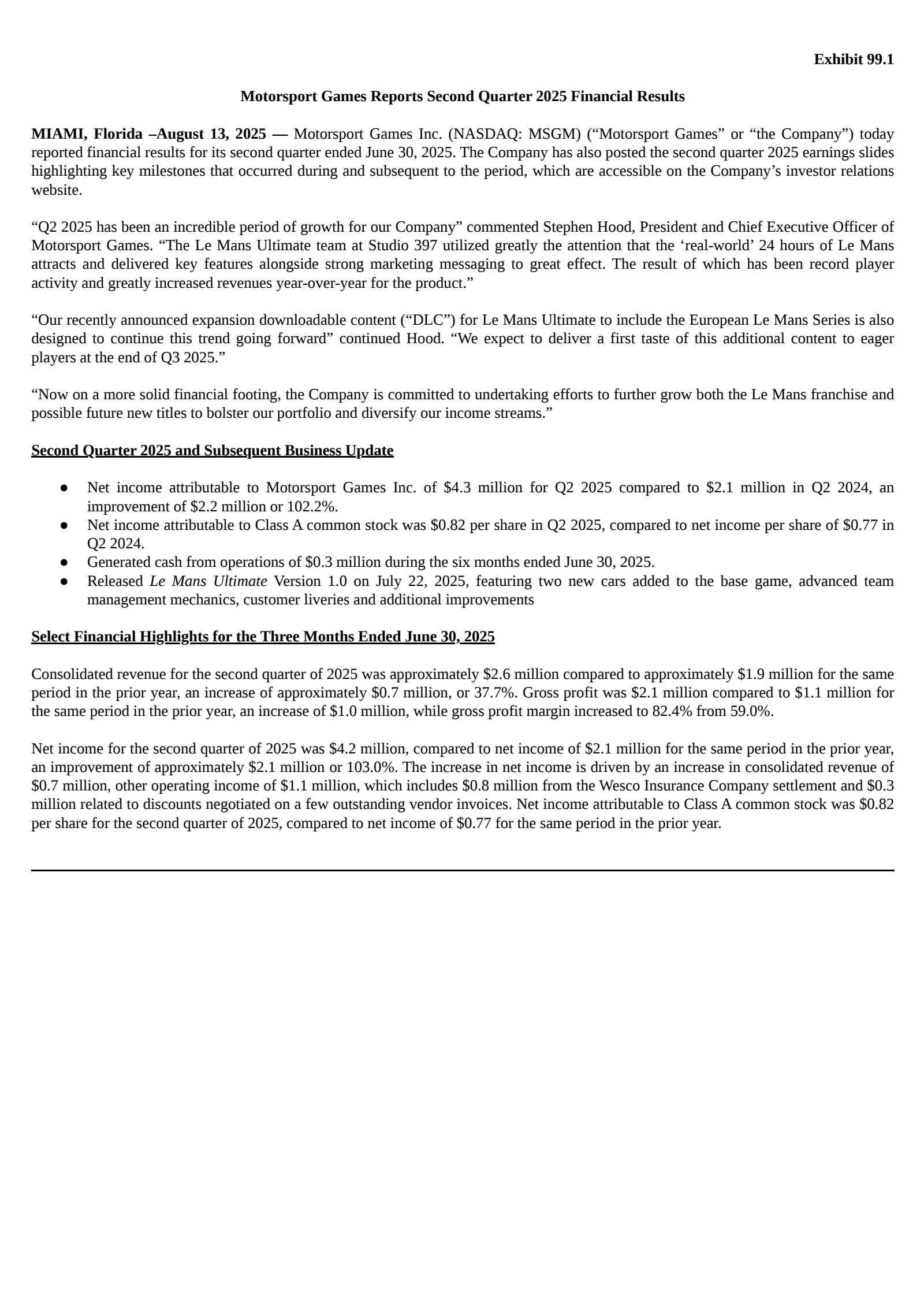 Motorsport Games' Q2 2025 Press Release