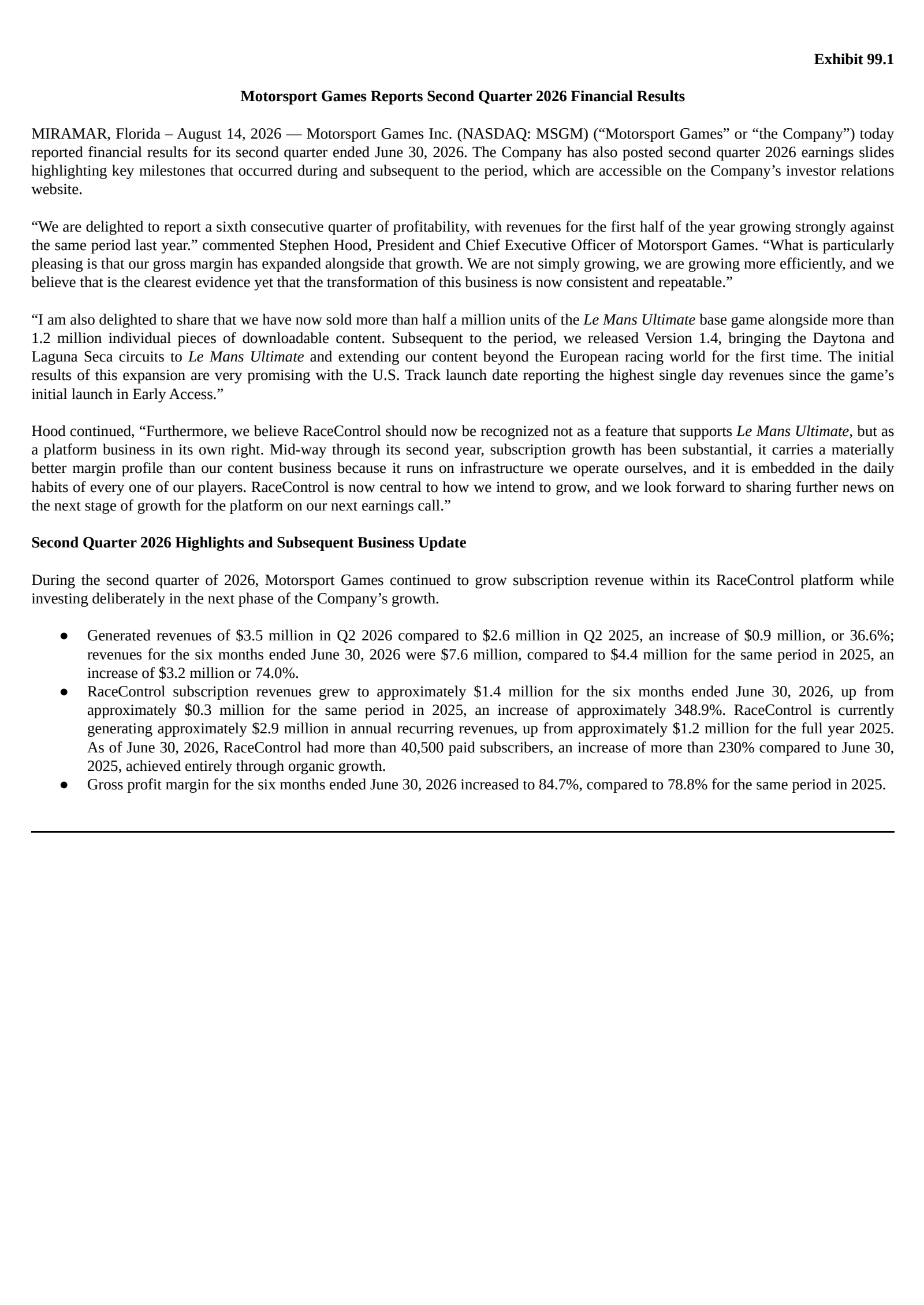 Motorsport Games' Q2 2026 Press Release