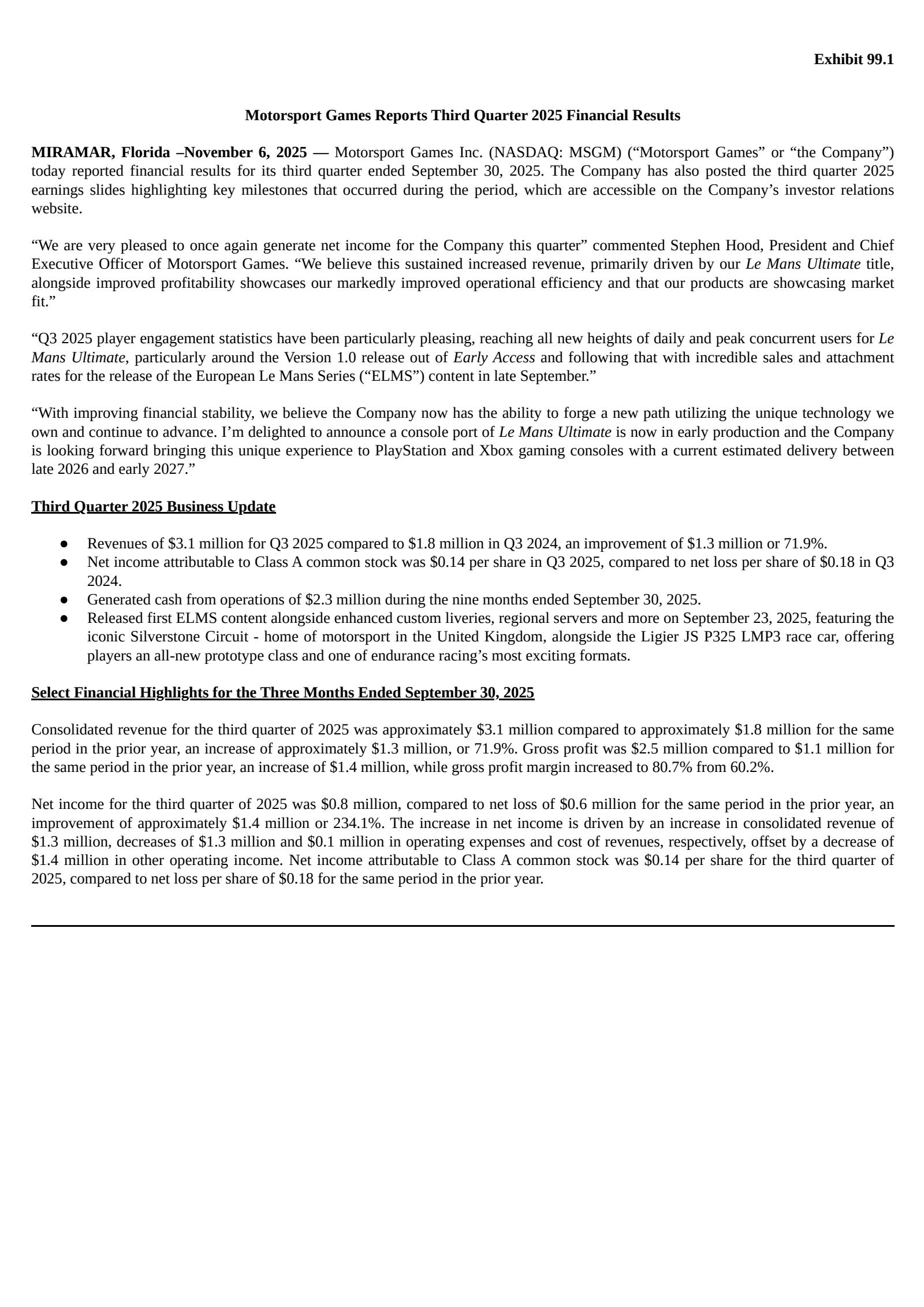 Motorsport Games' Q3 2025 Earnings Release