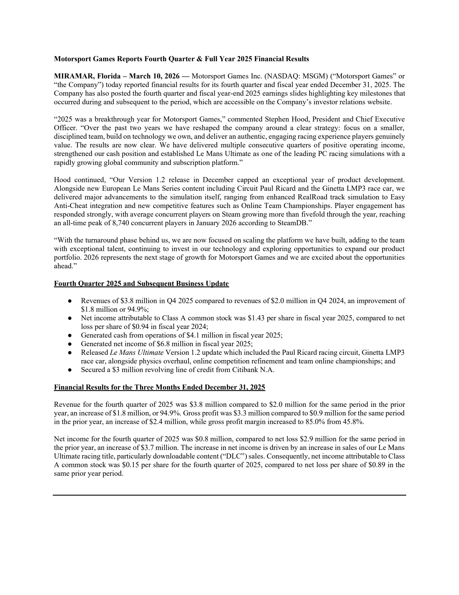 Motorsport Games' Q4 2025 Press Release