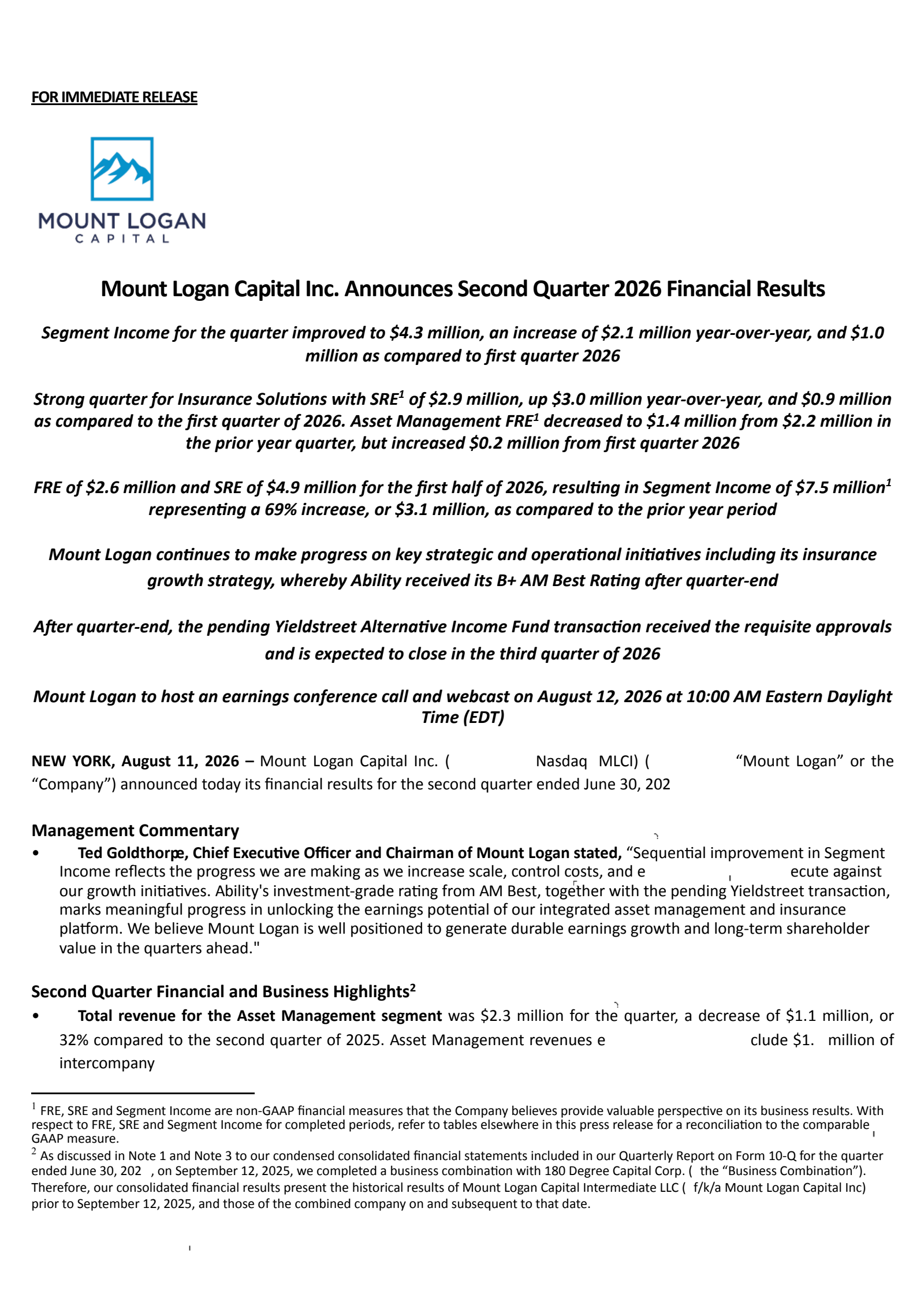 Mount Logan Capital's Q2 2026 Press Release