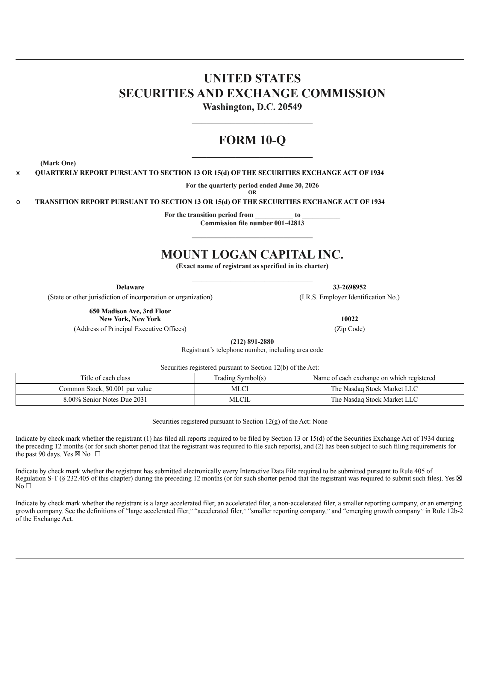 Mount Logan Capital's Q2 2026 Quarterly report