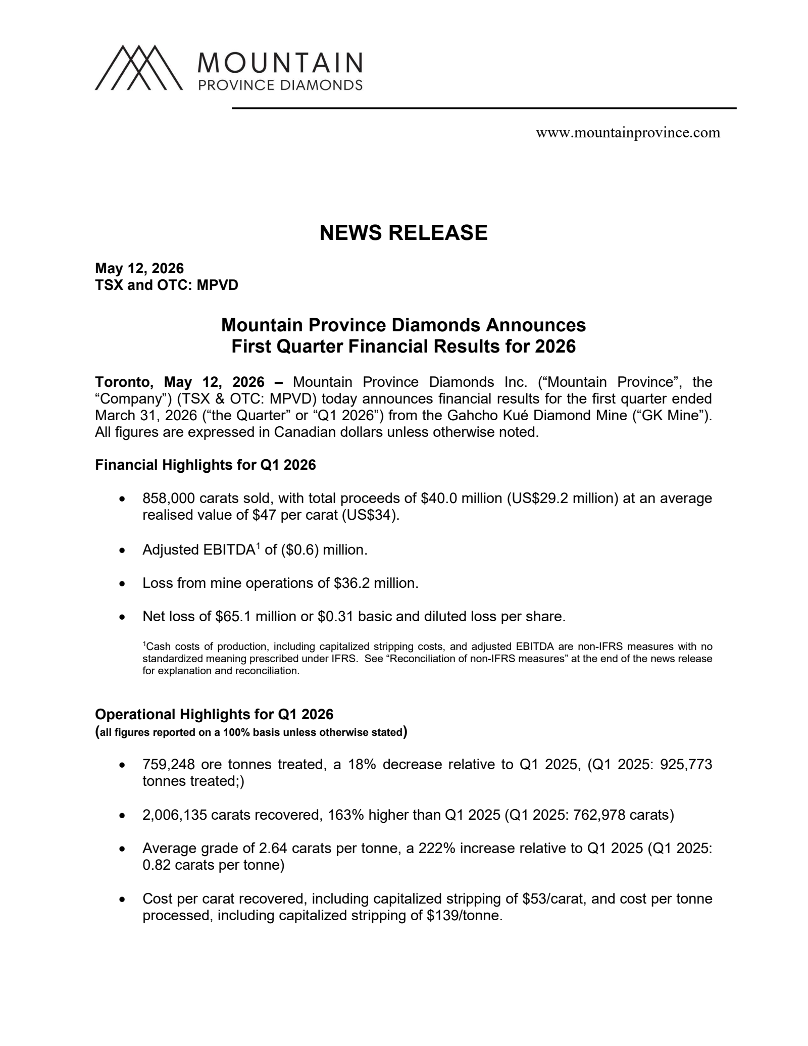 Mountain Province Diamonds' Q1 2026 Press Release