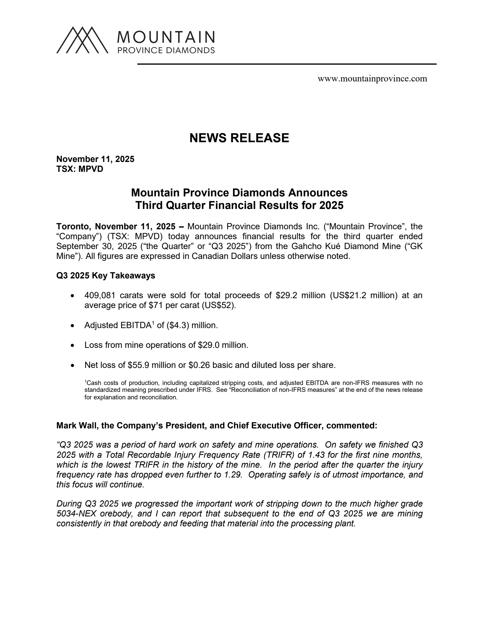 Mountain Province Diamonds' Q3 2025 Earnings Release