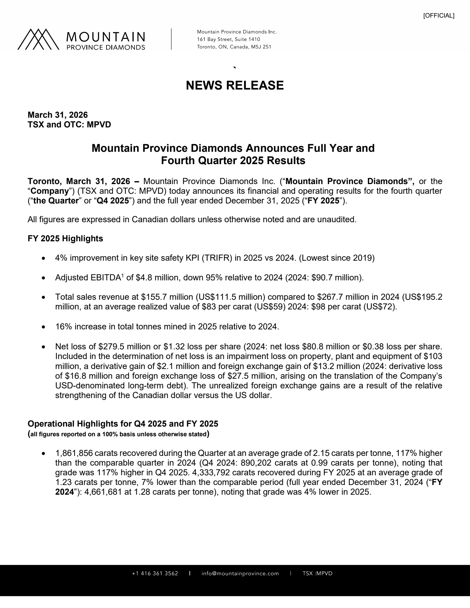 Mountain Province Diamonds' Q4 2025 Press Release