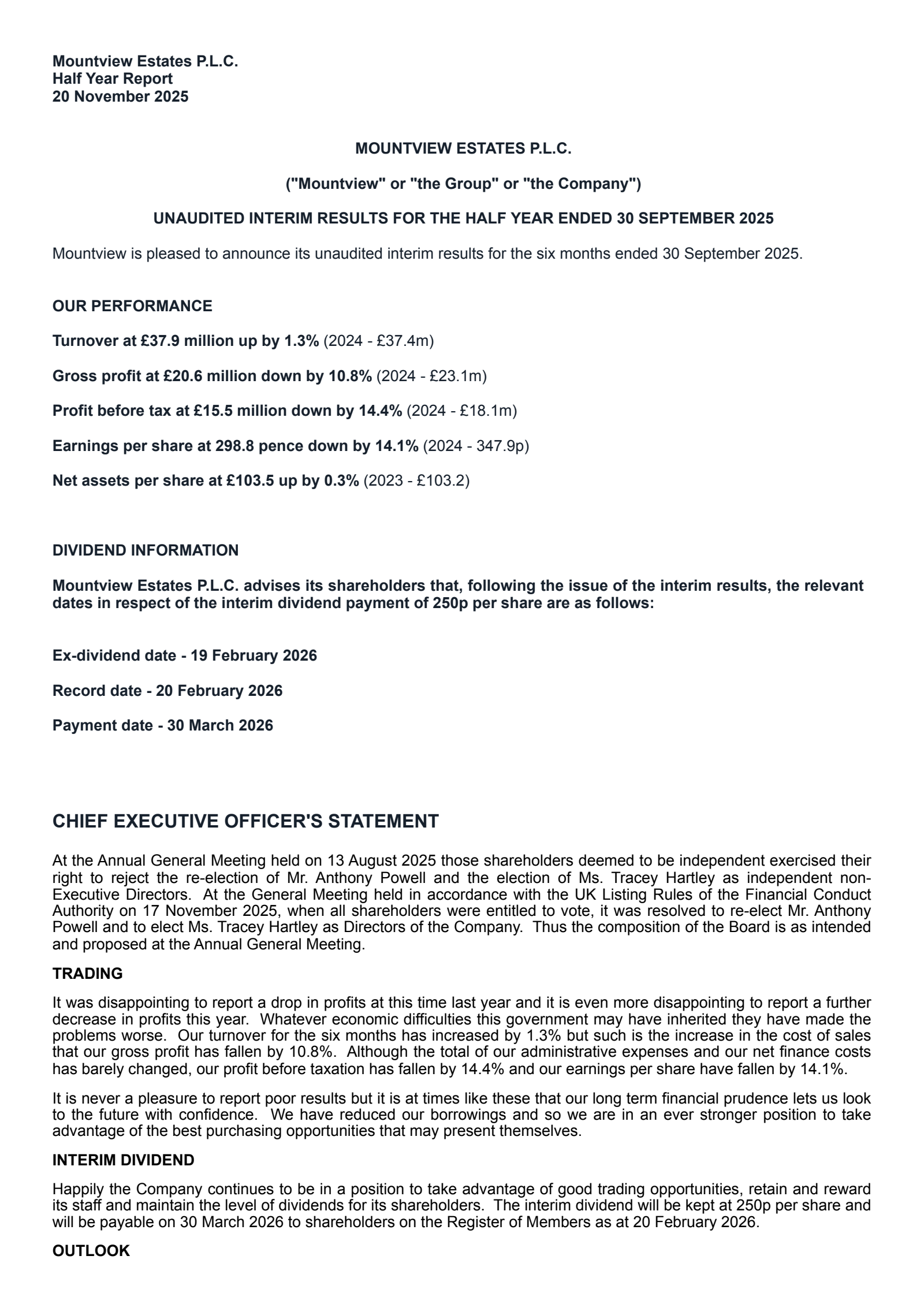 Mountview Estates' H1 2026 Interim Report