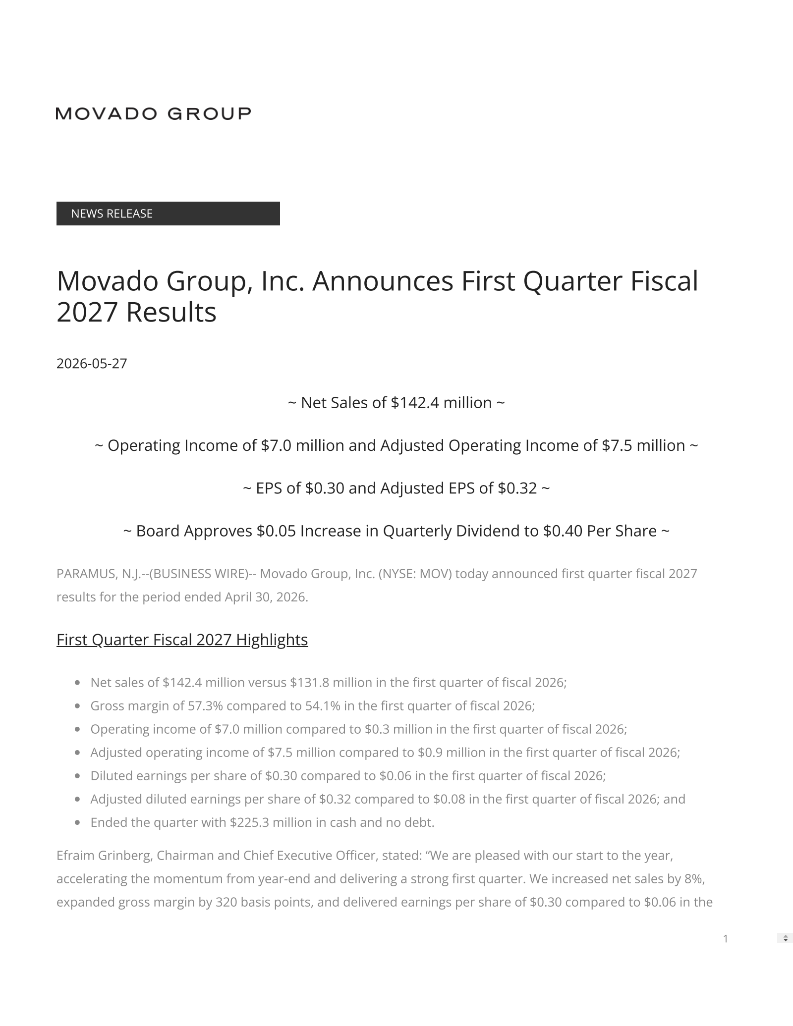 Movado Group's Q1 2027 Press Release