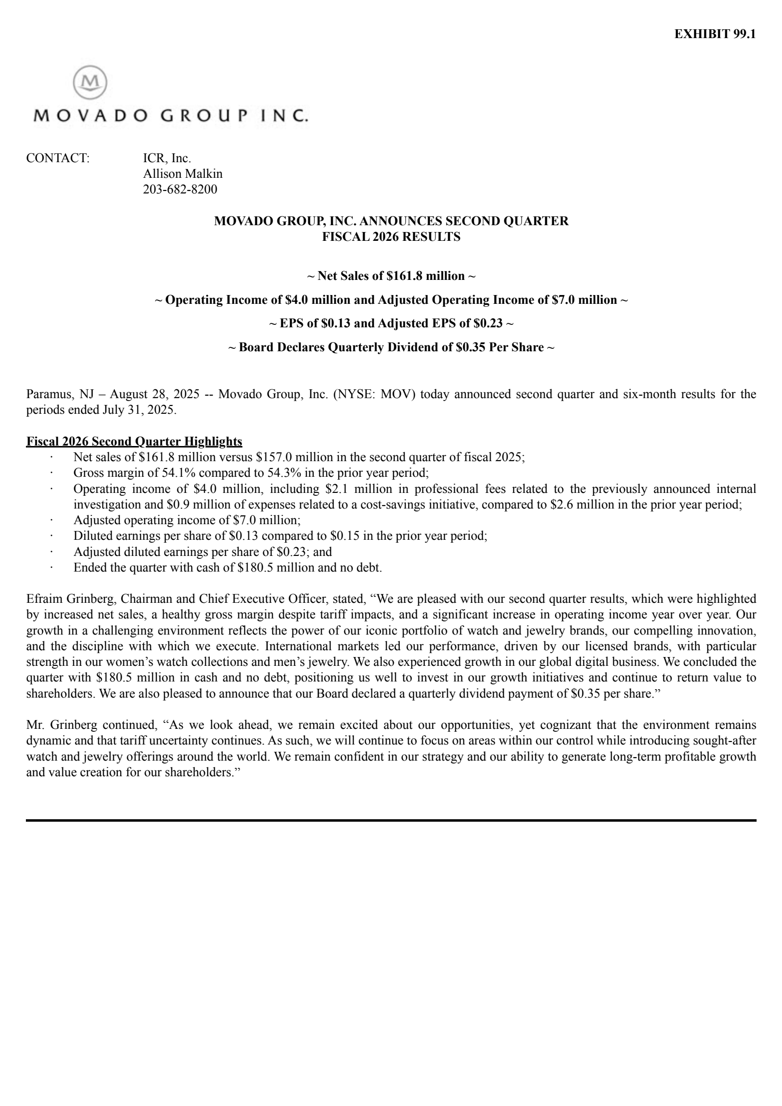 Movado Group's Q2 2026 Press Release