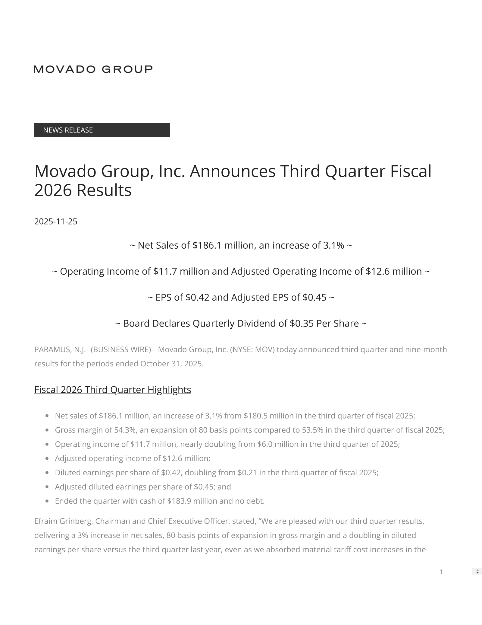 Movado Group's Q3 2026 Earnings Release
