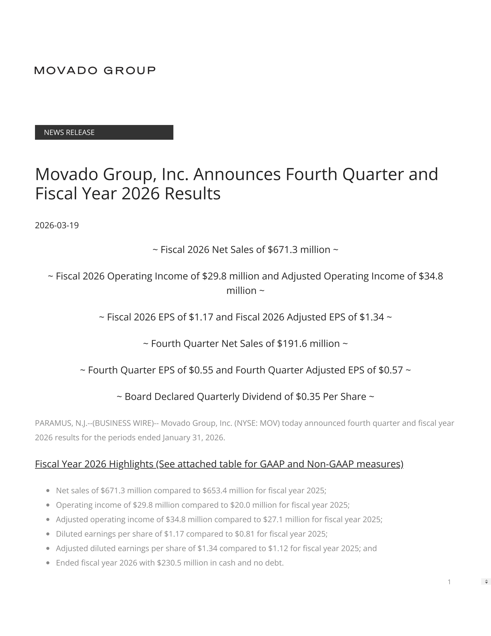 Movado Group's Q4 2026 Press Release