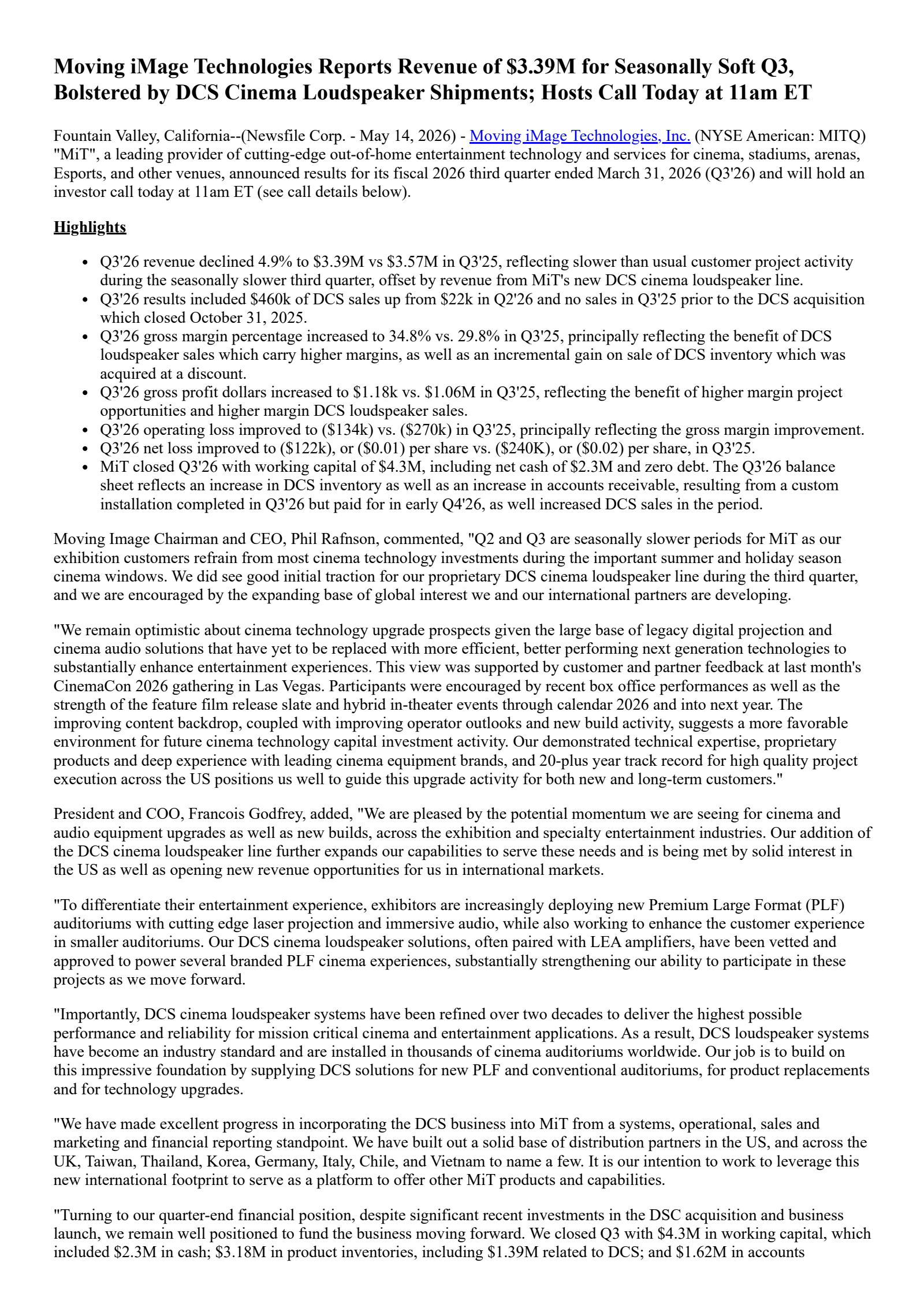 Moving iMage Technologies' Q3 2026 Press Release