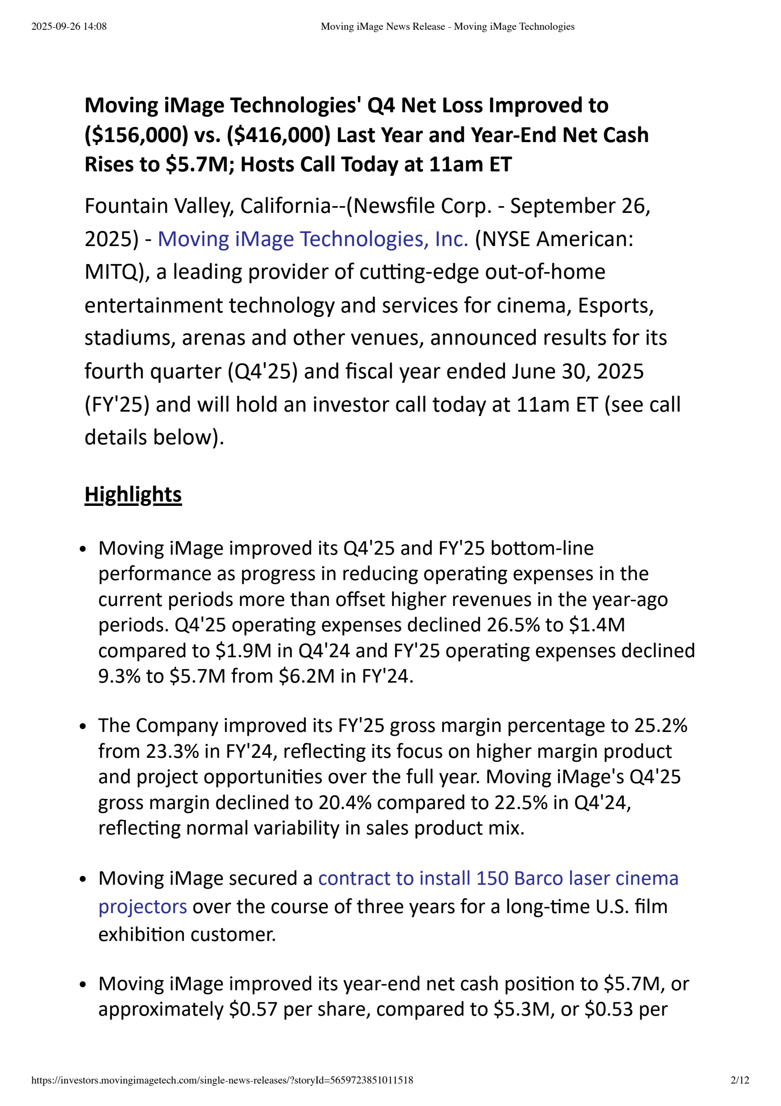 Moving iMage Technologies' Q4 2025 Earnings Release