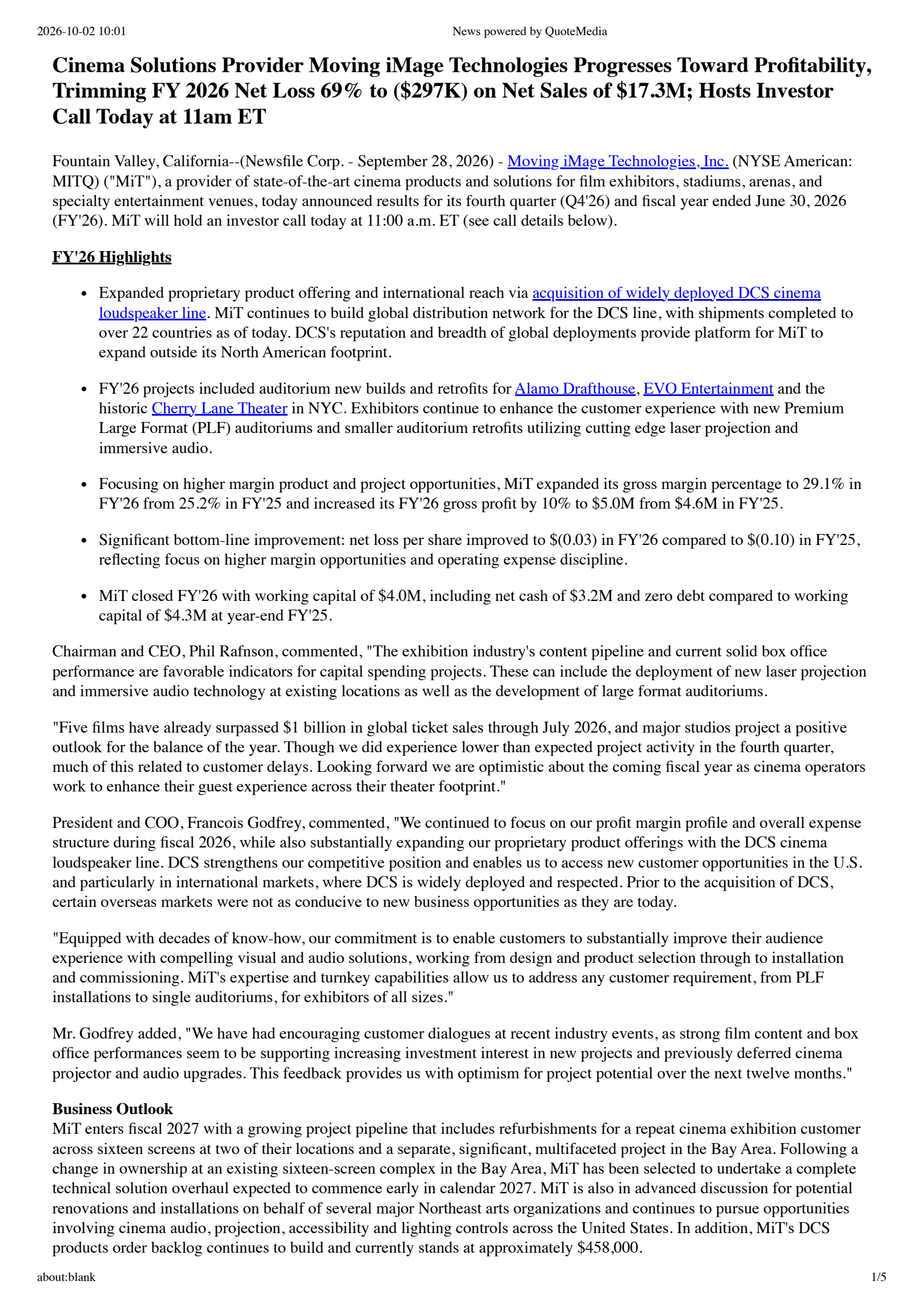 Moving iMage Technologies' Q4 2026 Press Release