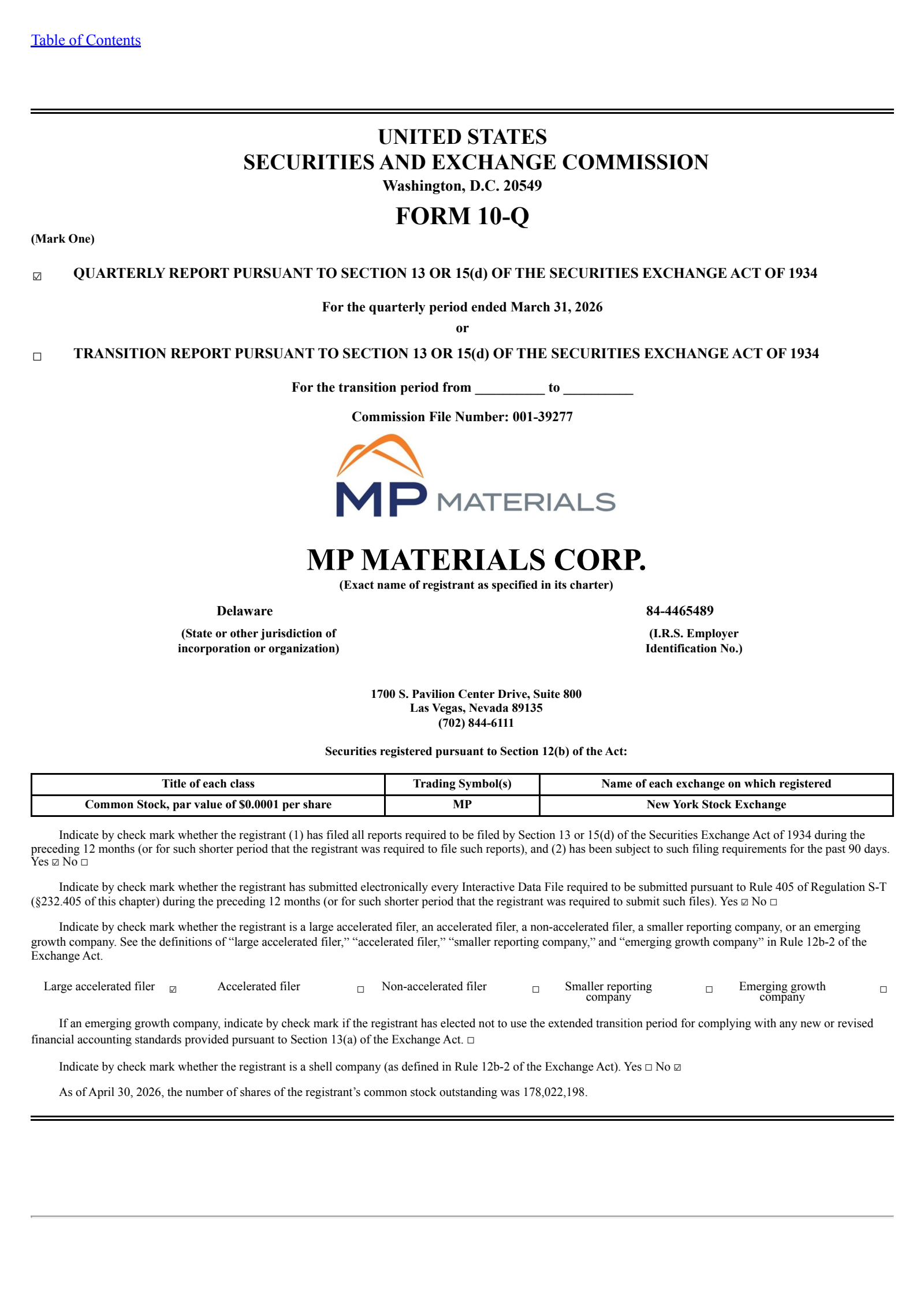 MP Materials' Q1 2026 Quarterly report