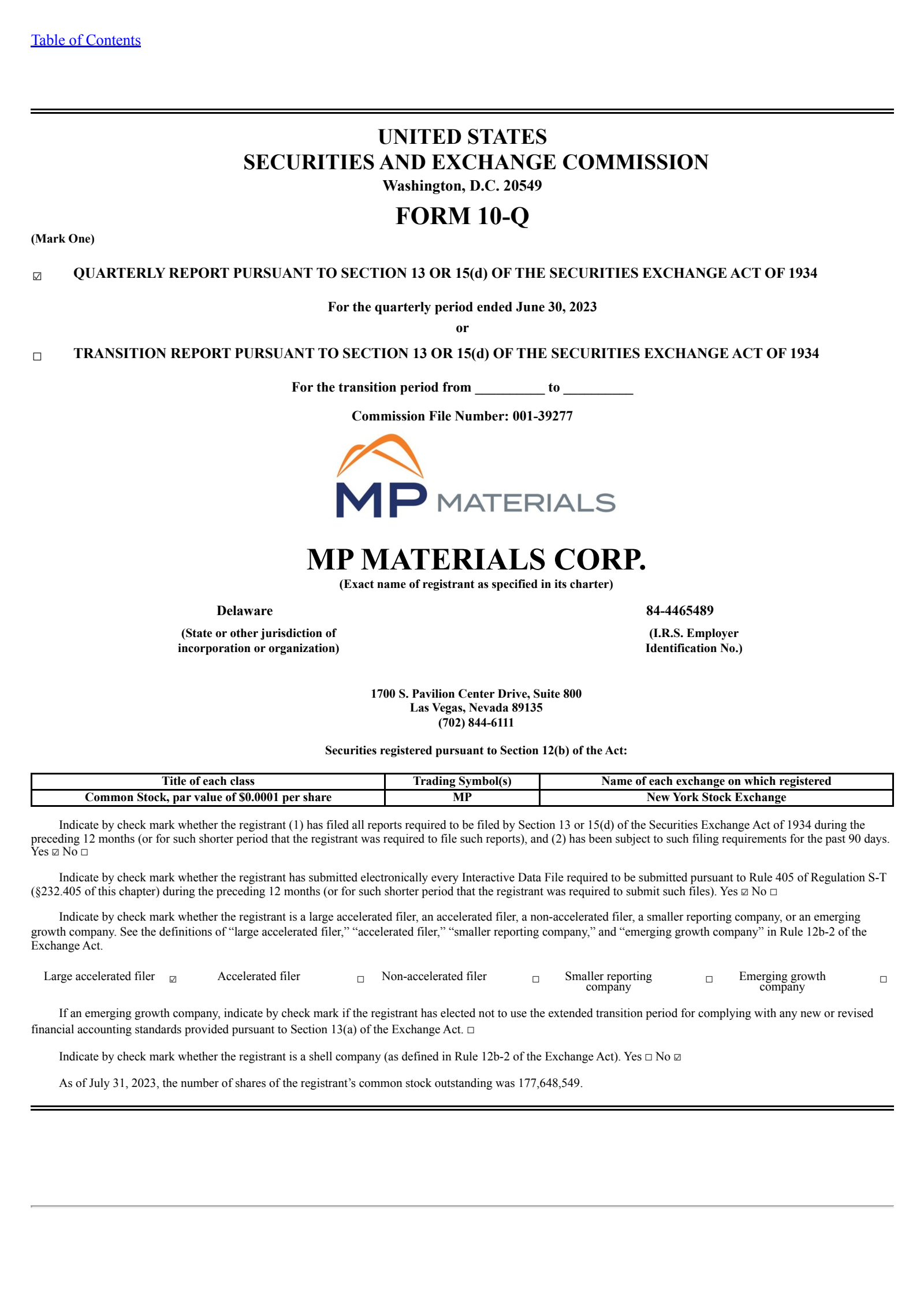 MP Materials' Q2 2023 Quarterly report