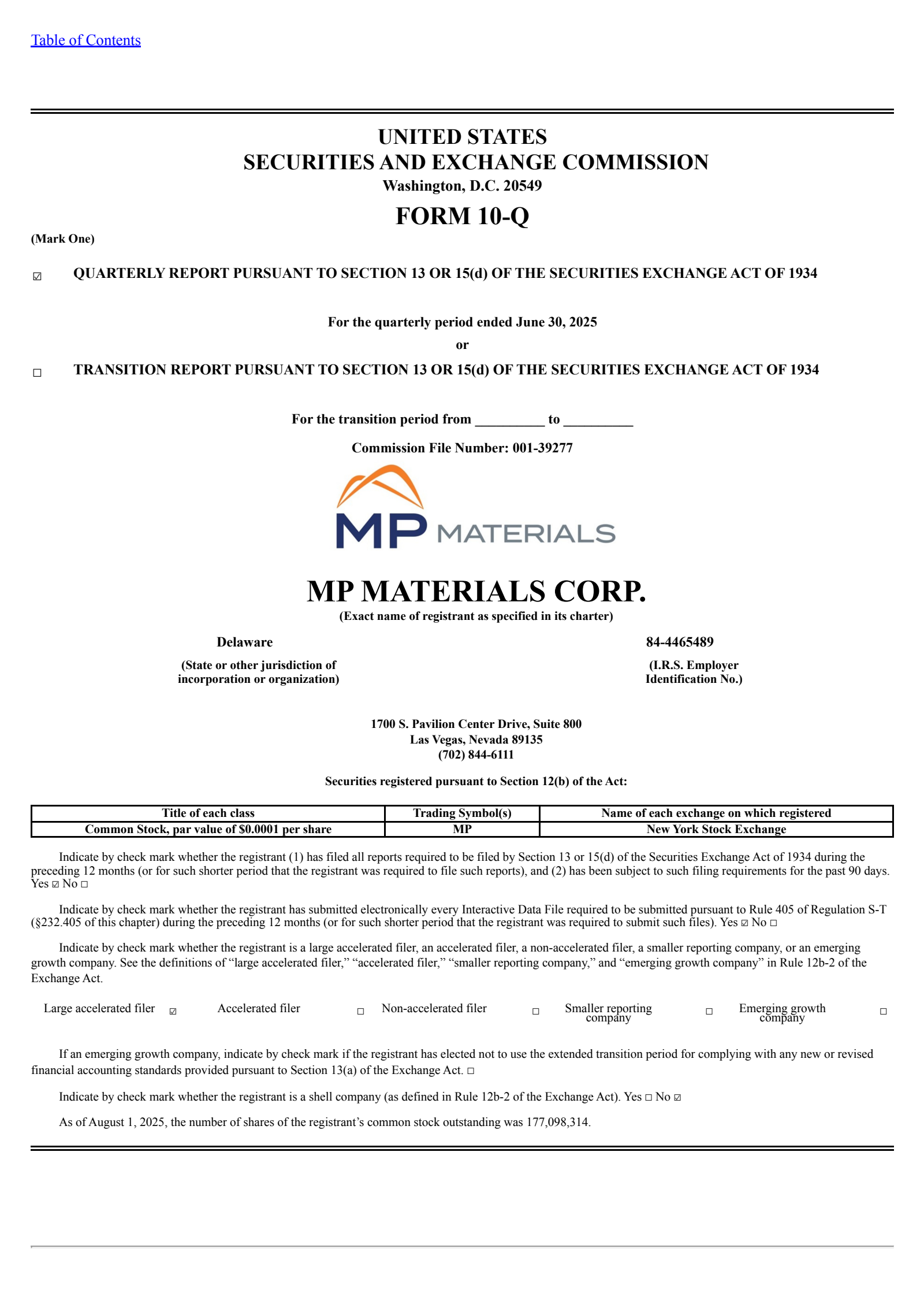 MP Materials' Q2 2025 Quarterly report