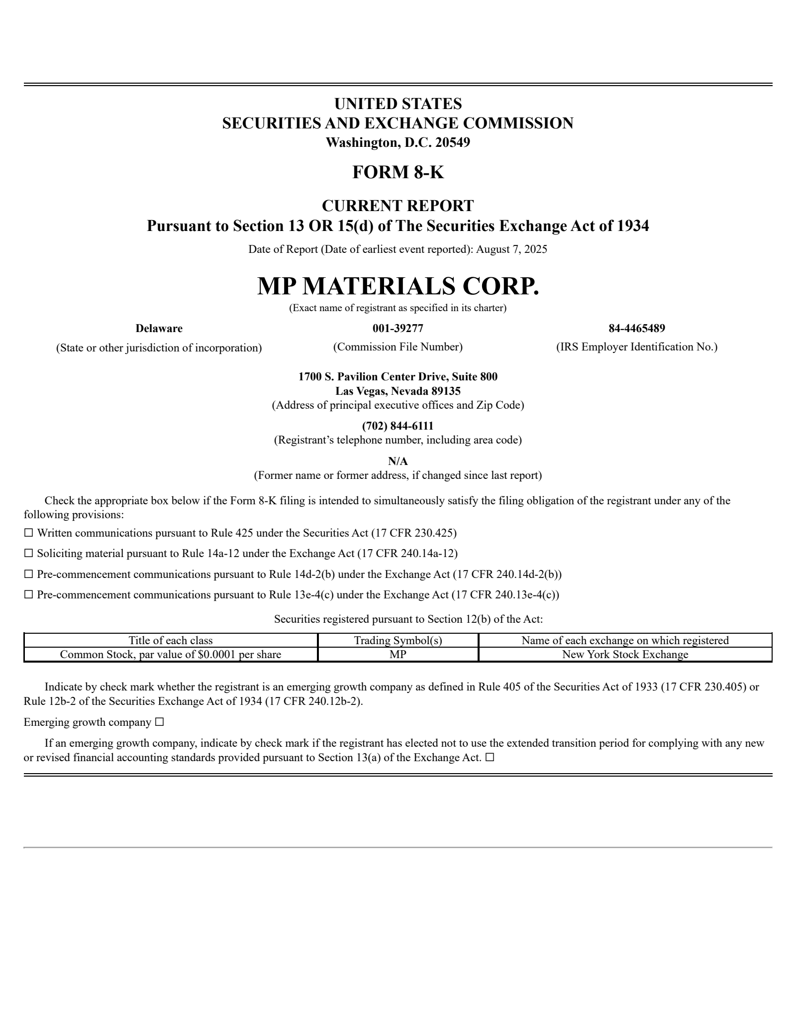 MP Materials' Q2 2025 Press Release