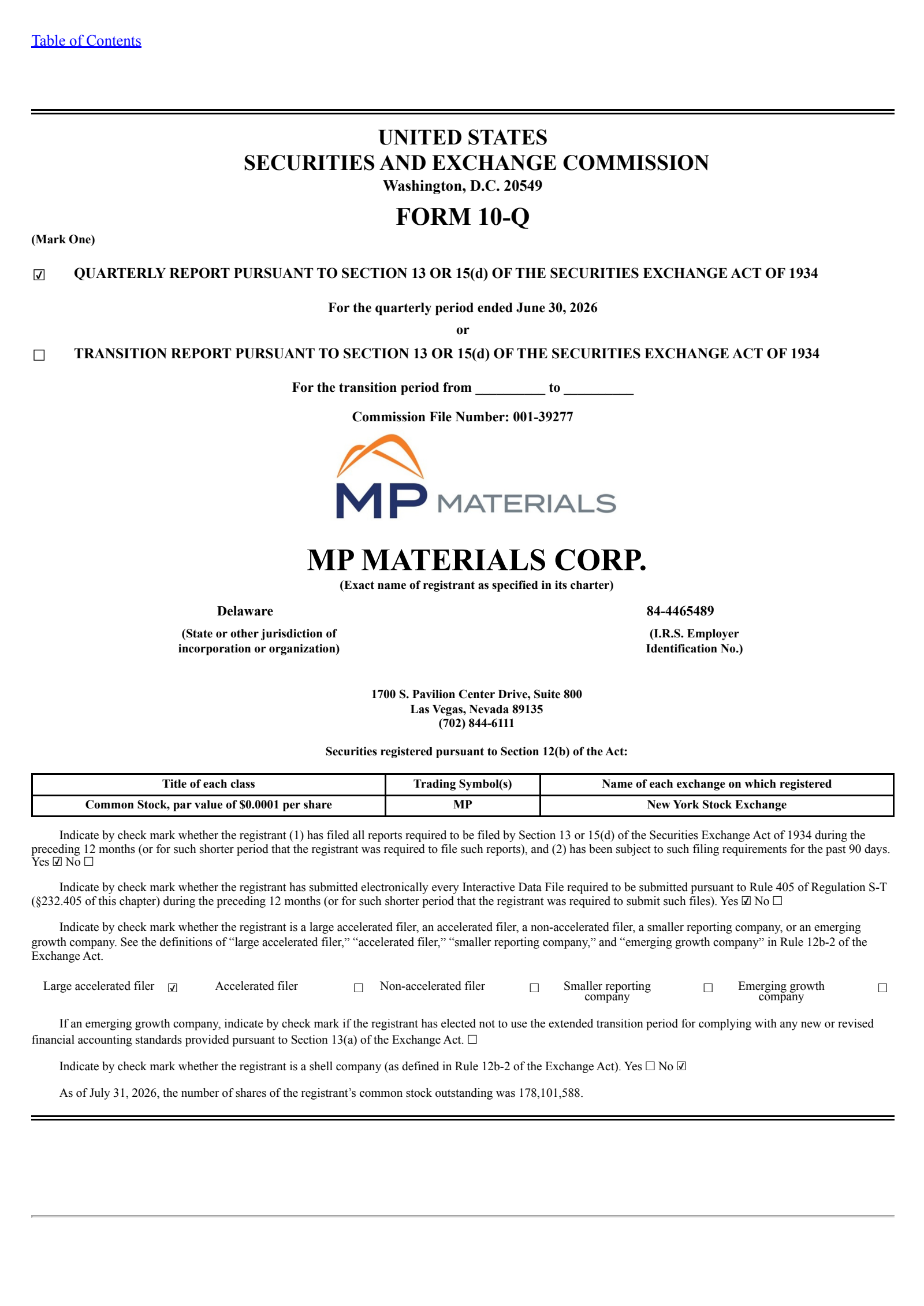 MP Materials' Q2 2026 Quarterly report