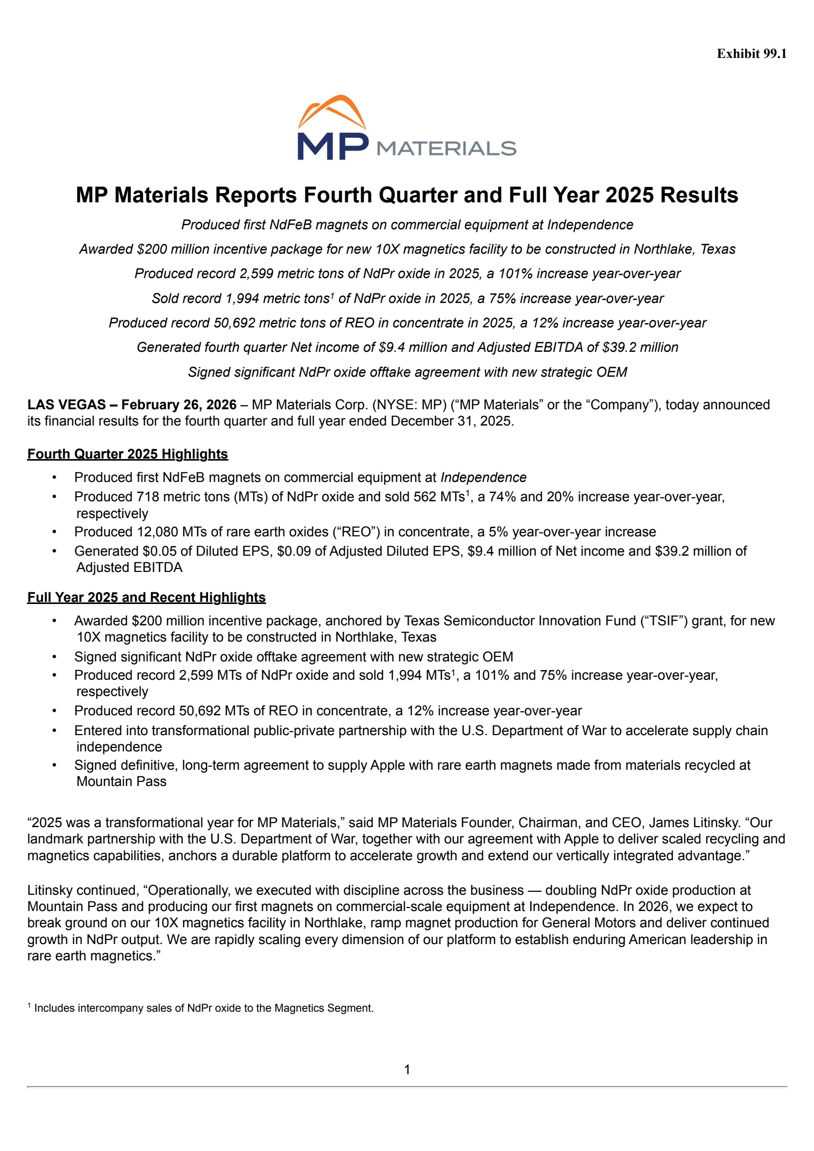 MP Materials' Q4 2025 Press Release