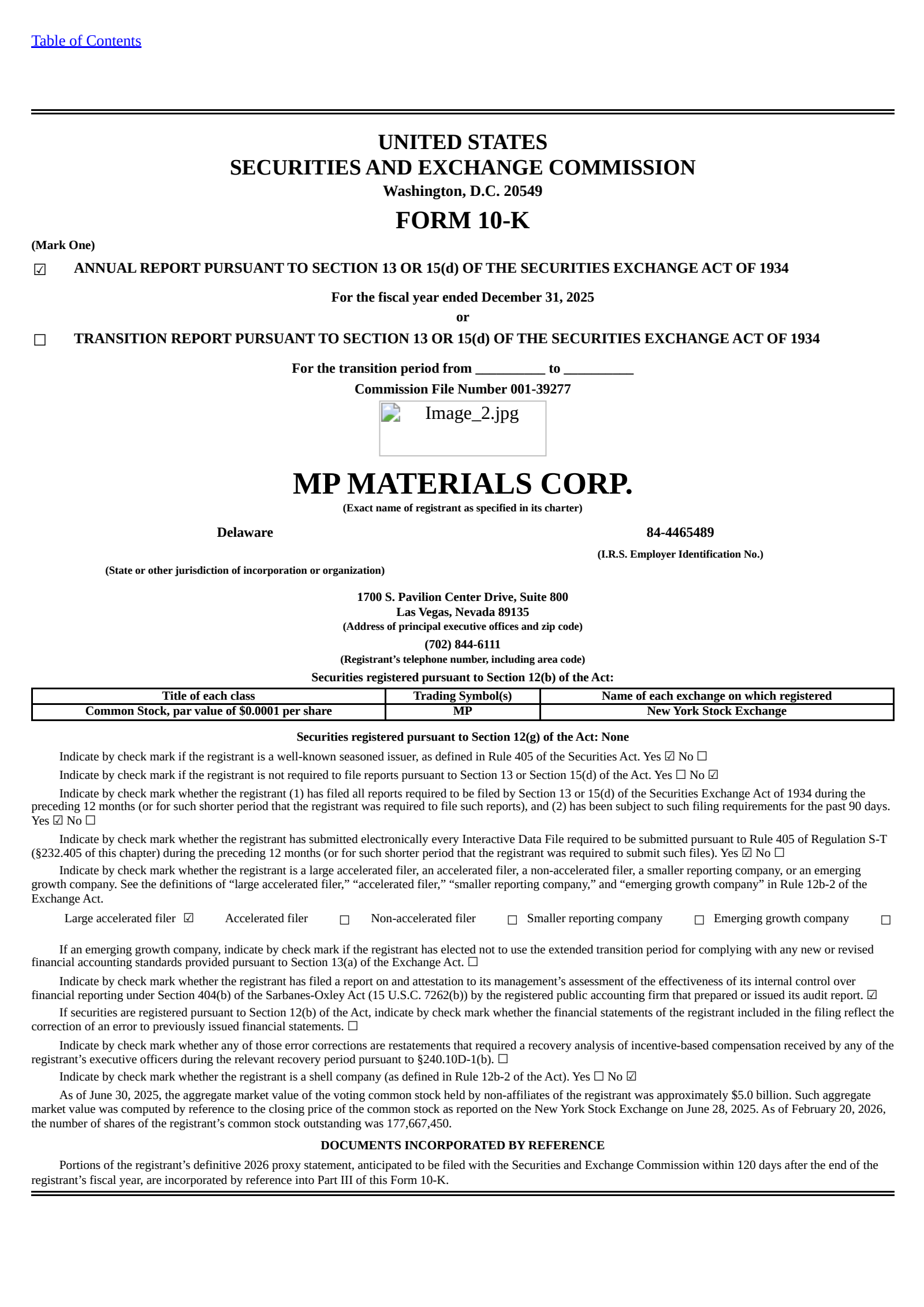 MP Materials' Q4 2025 Annual report