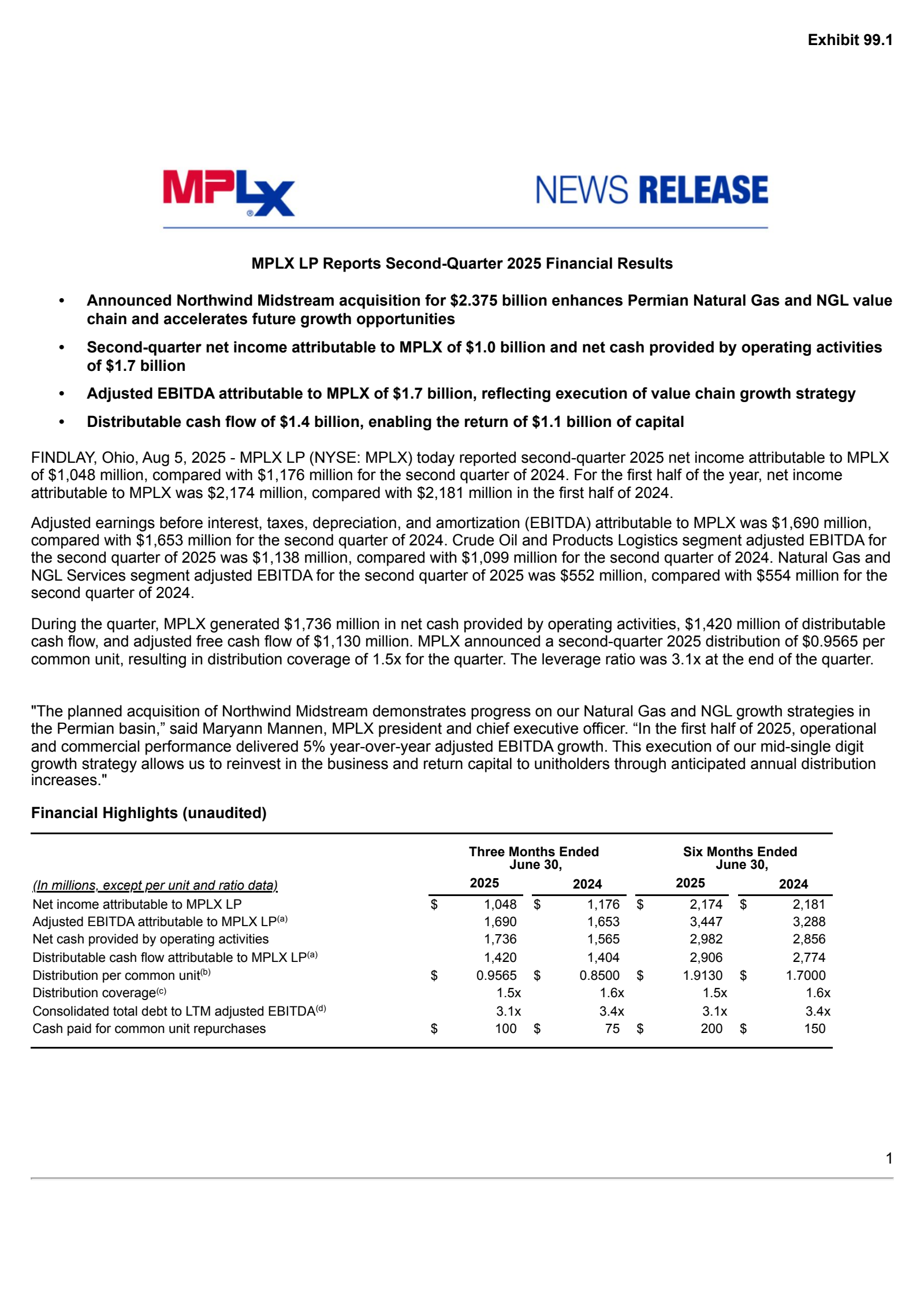 Mplx's Q2 2025 Press Release