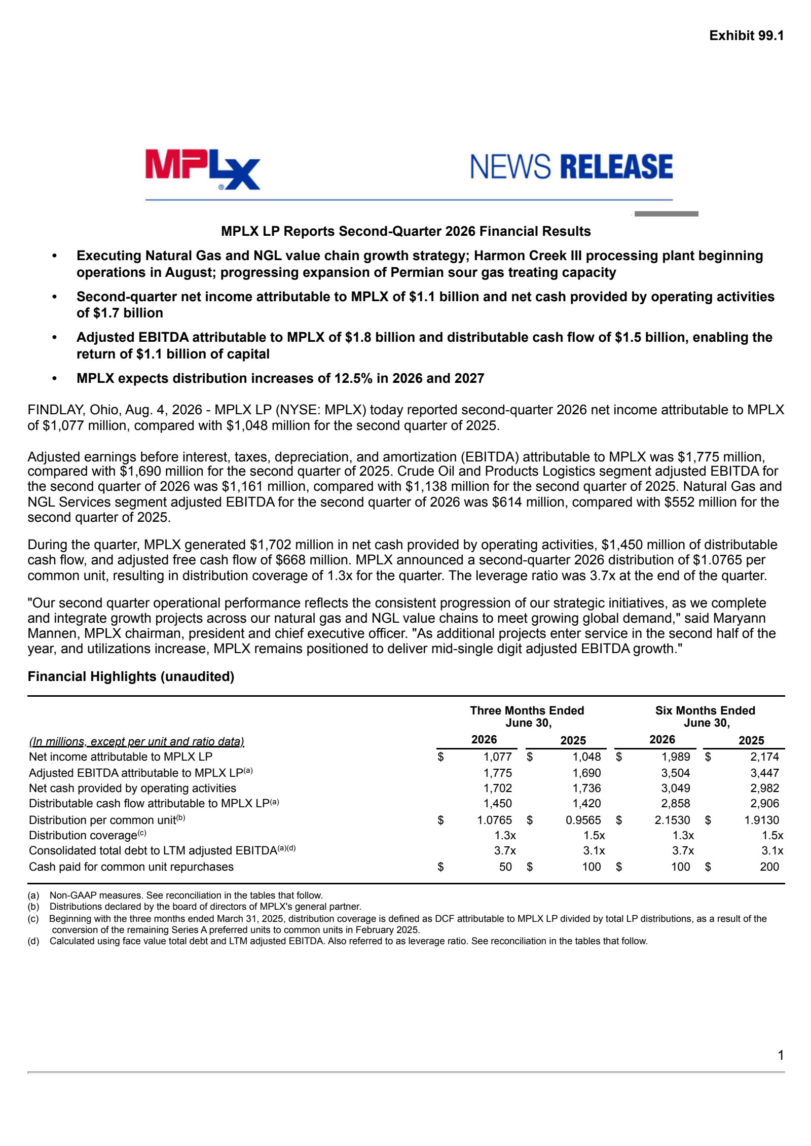 Mplx's Q2 2026 Press Release