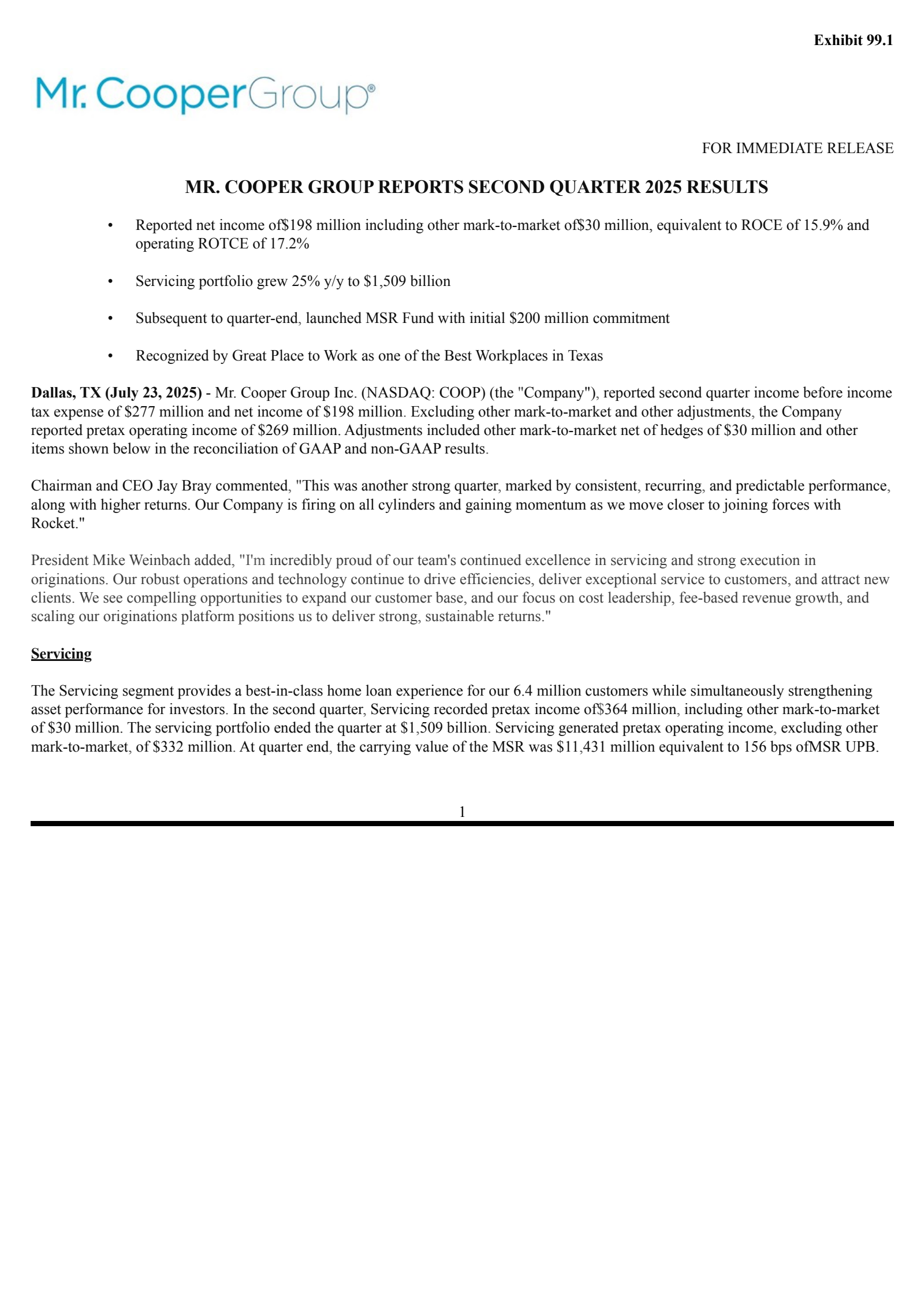 Mr. Cooper Group's Q2 2025 Press Release