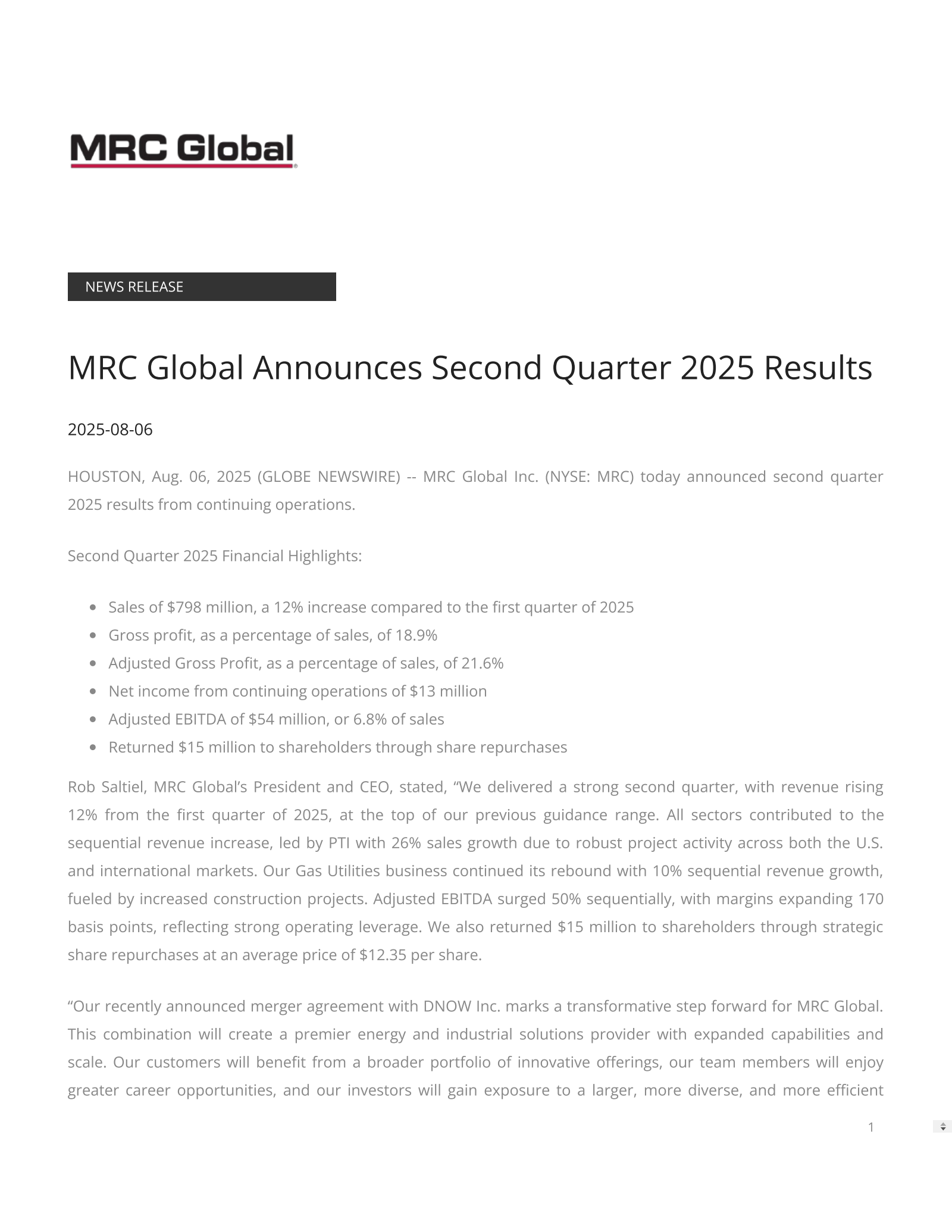 MRC Global's Q2 2025 Press Release