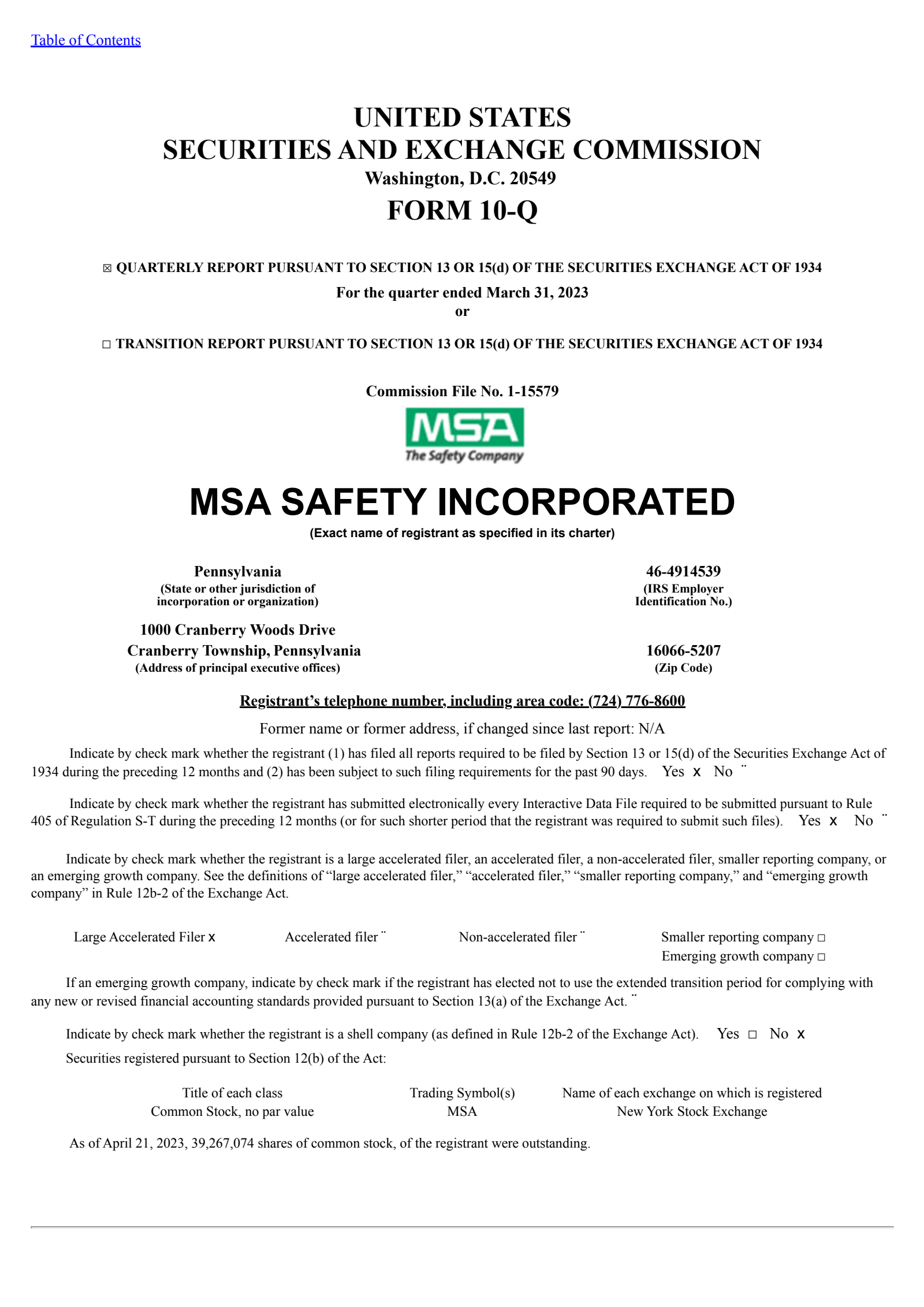 MSA Safety's Q1 2023 Quarterly report