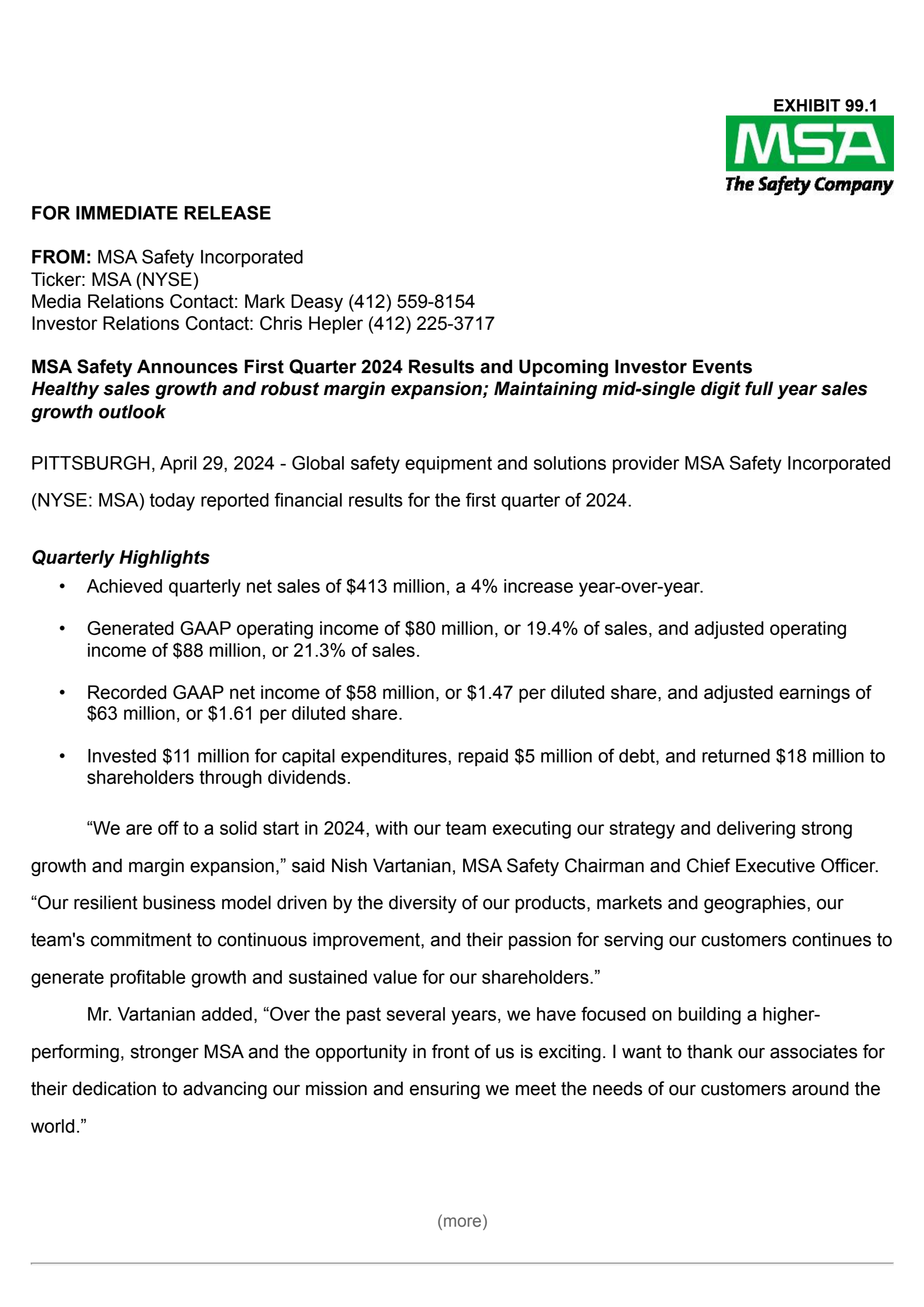MSA Safety's Q1 2024 Press Release