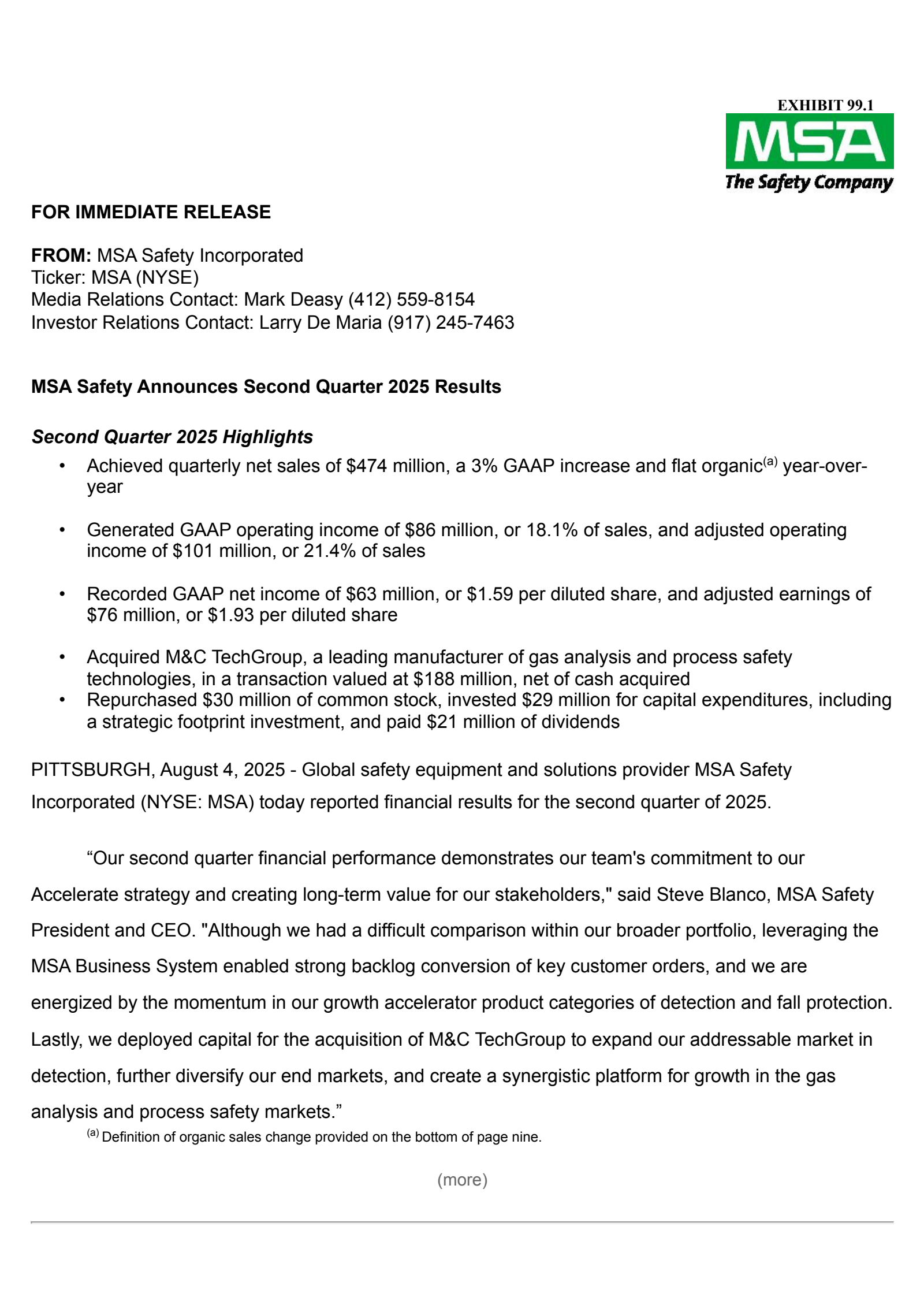 MSA Safety Incorporporated's Q2 2025 Press Release