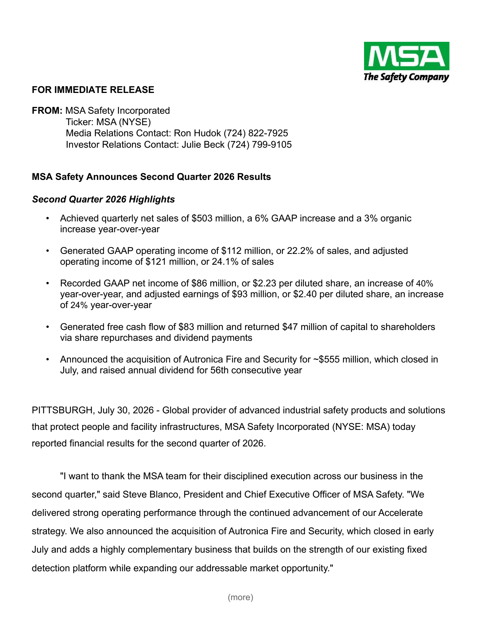 MSA Safety Incorporporated's Q2 2026 Press Release