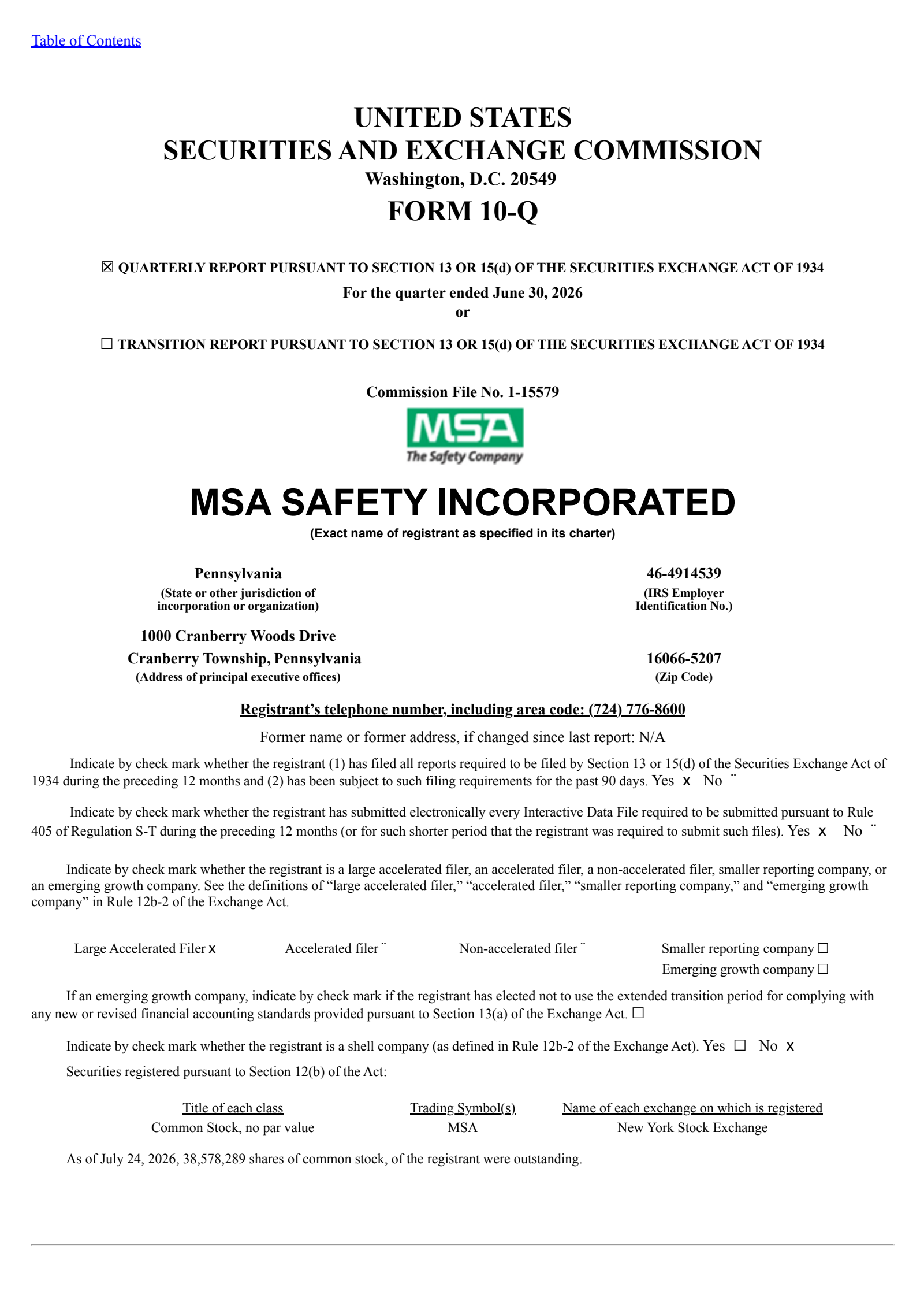 MSA Safety Incorporporated's Q2 2026 Quarterly report