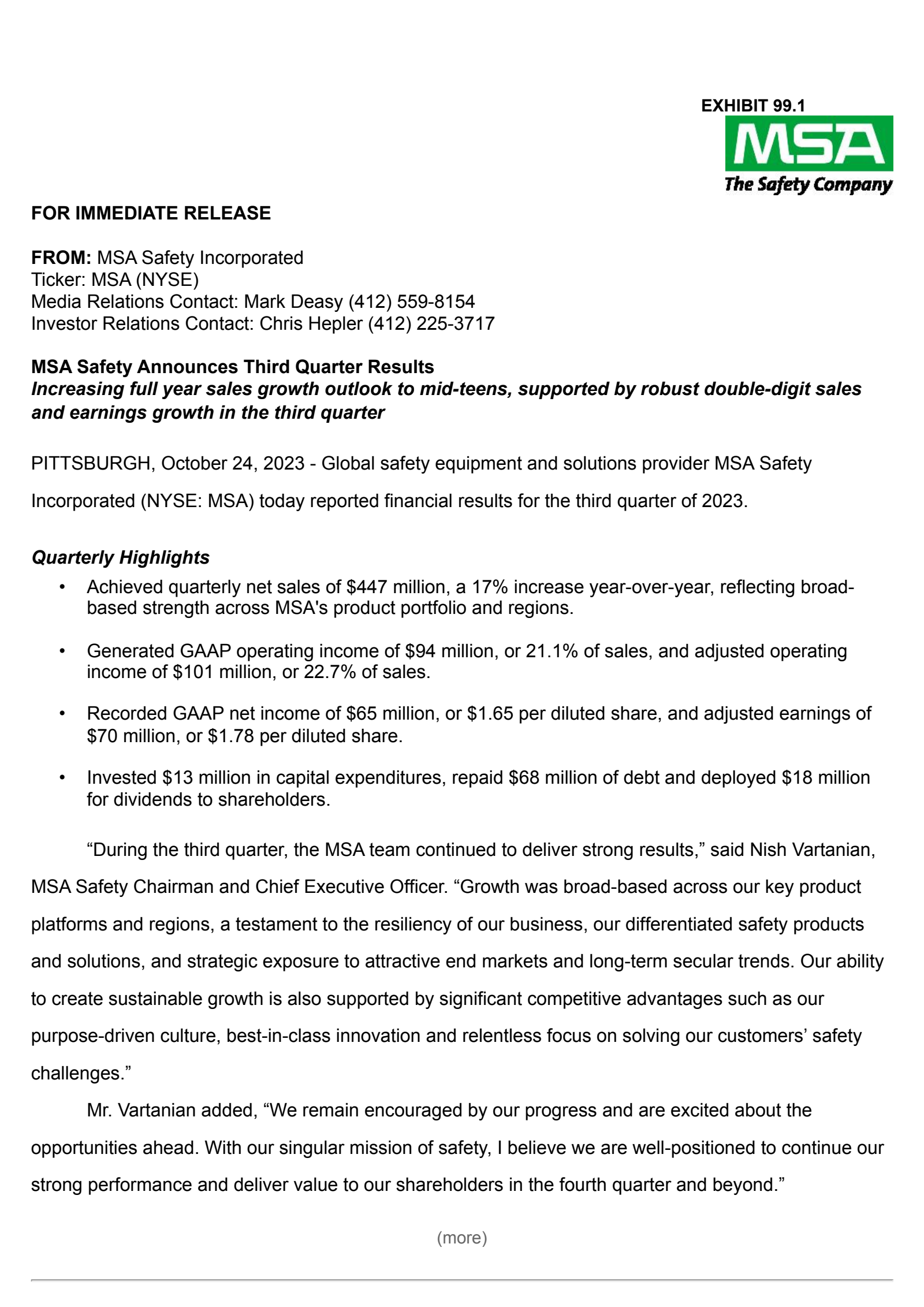 MSA Safety's Q3 2023 Press Release