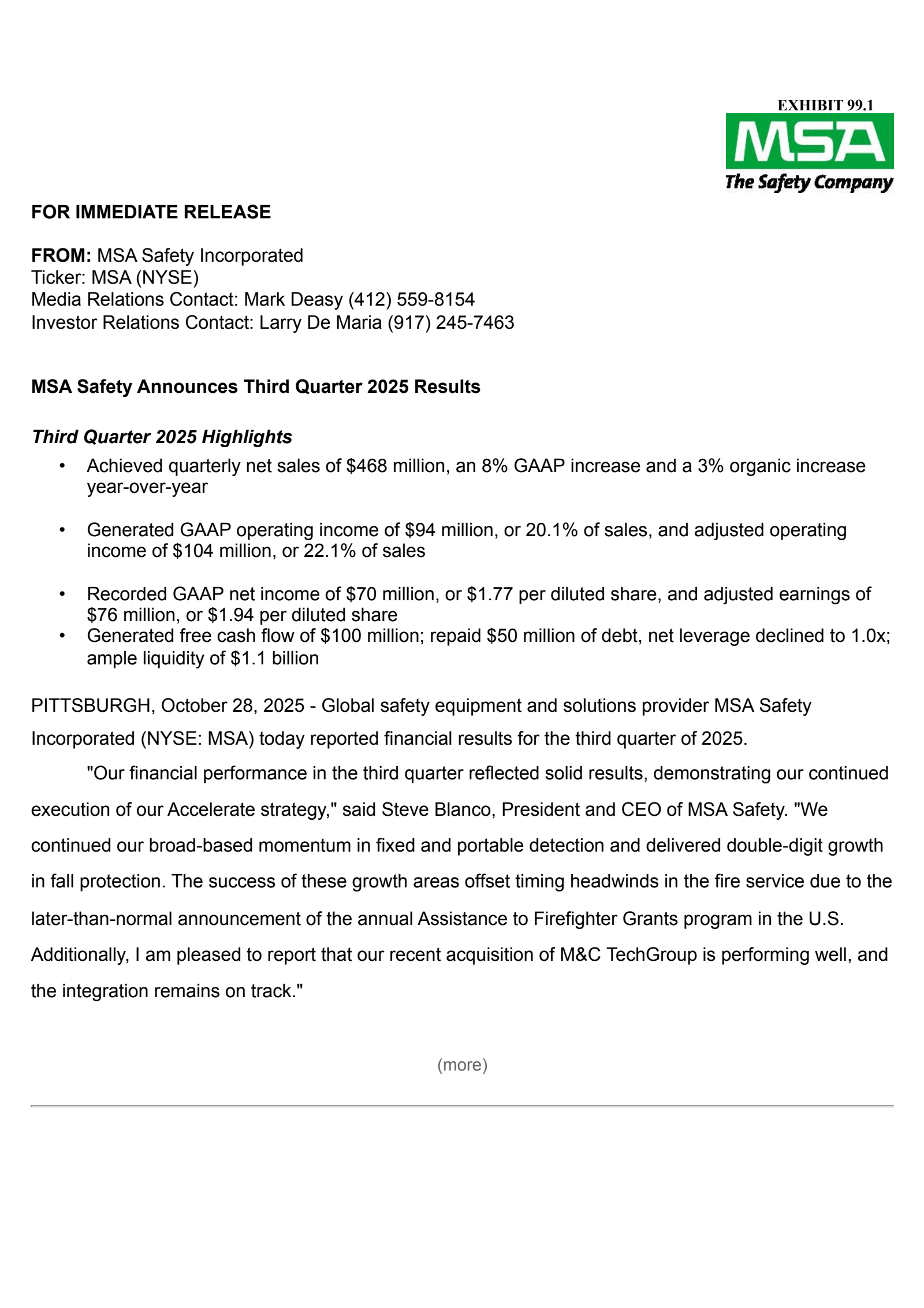 MSA Safety Incorporporated's Q3 2025 Earnings Release