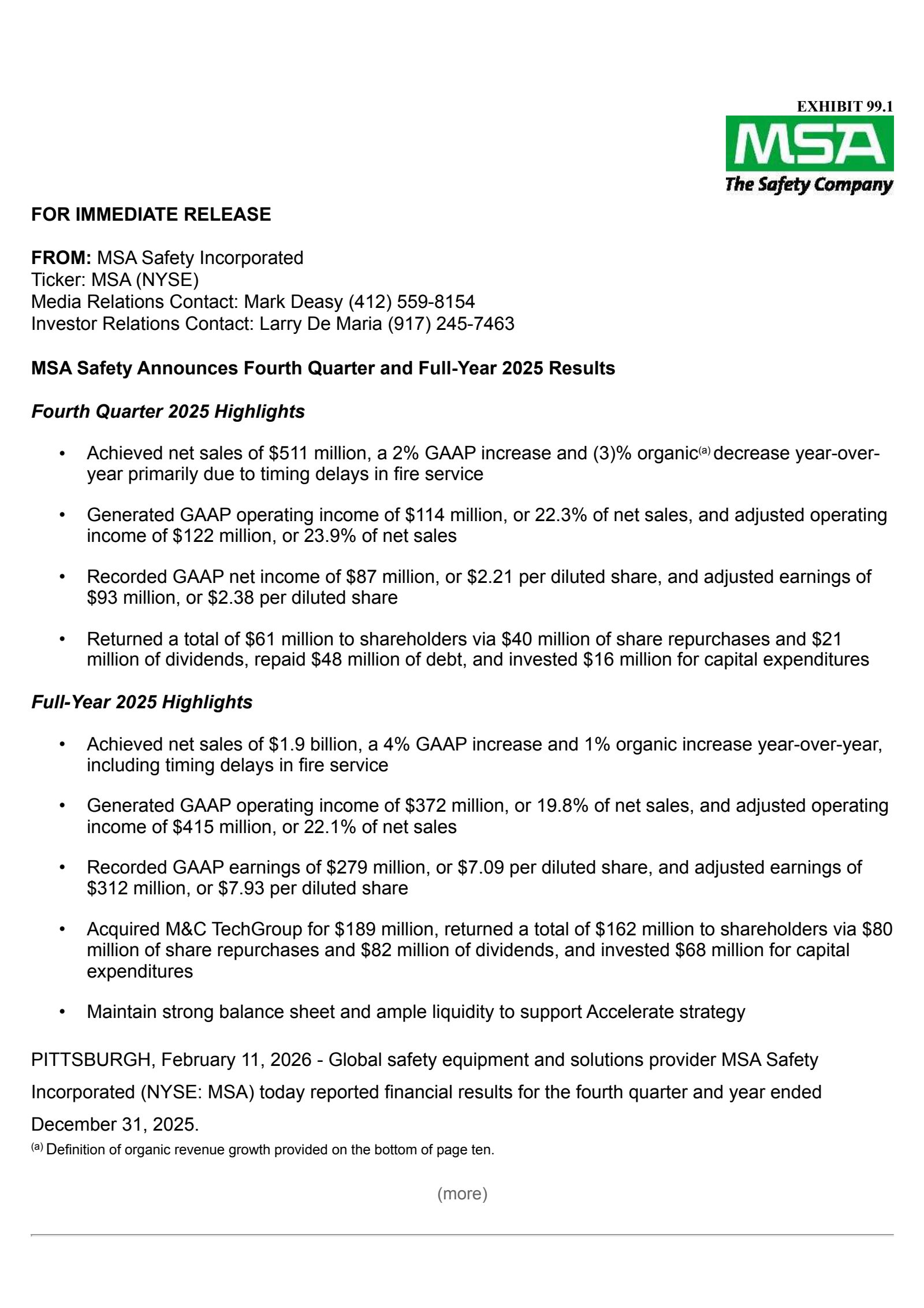 MSA Safety Incorporporated's Q4 2025 Press Release