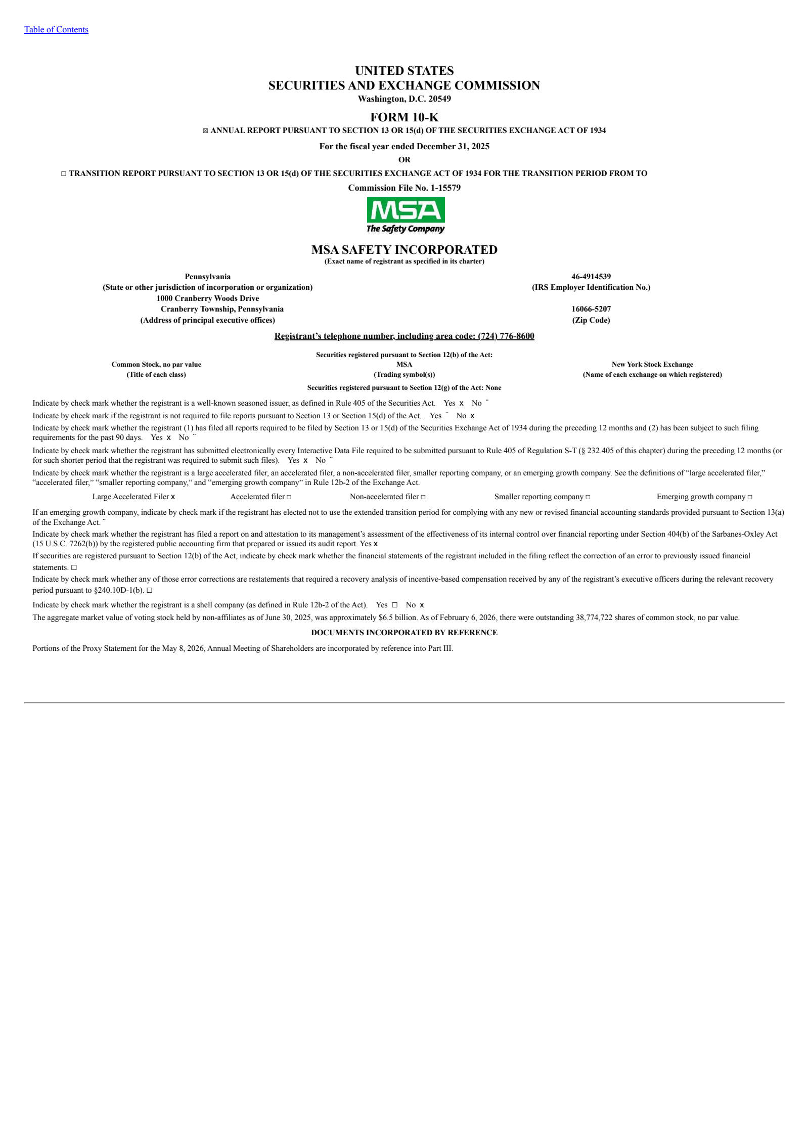 MSA Safety Incorporporated's Q4 2025 Annual report