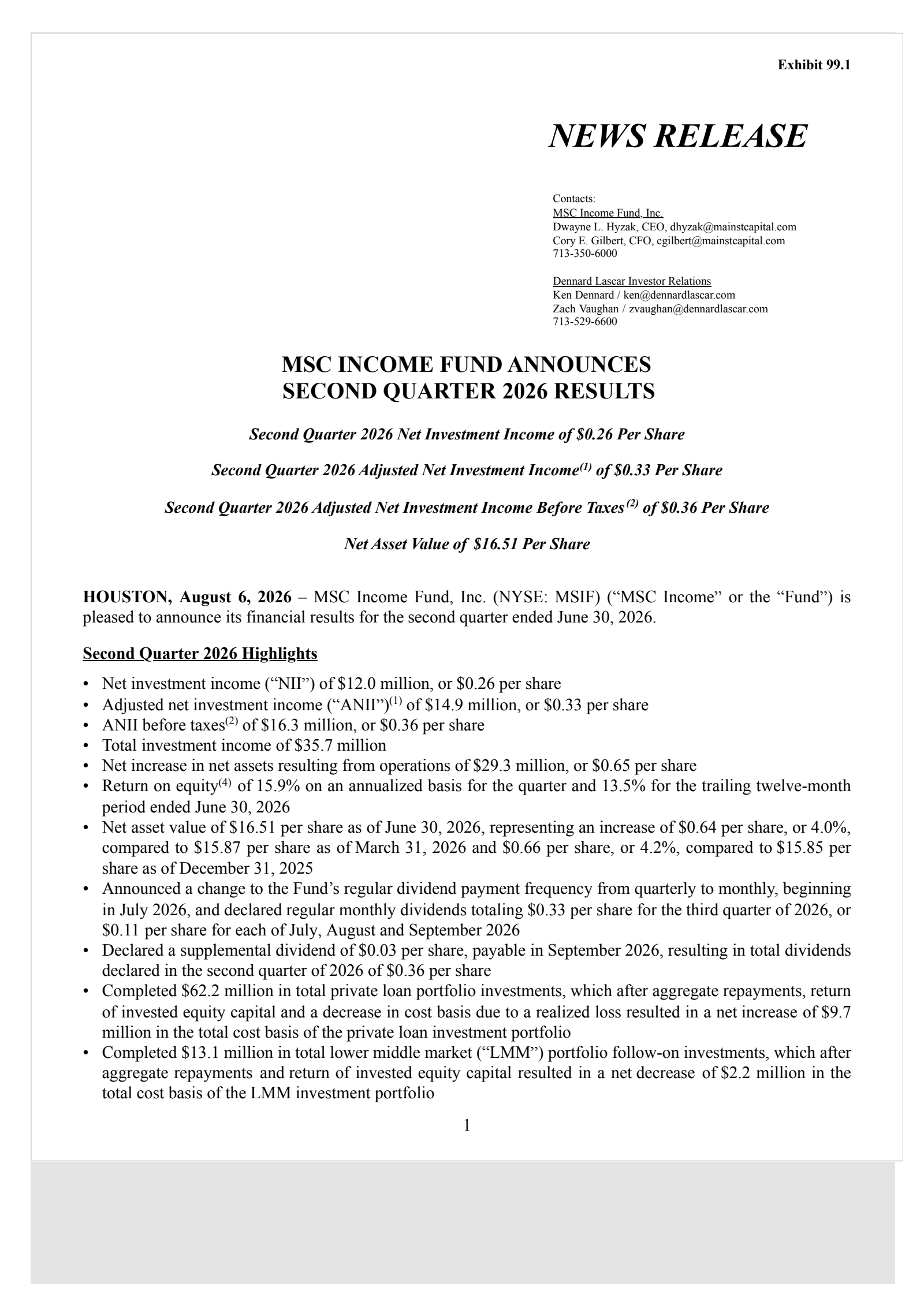 MSC Income Fund's Q2 2026 Press Release