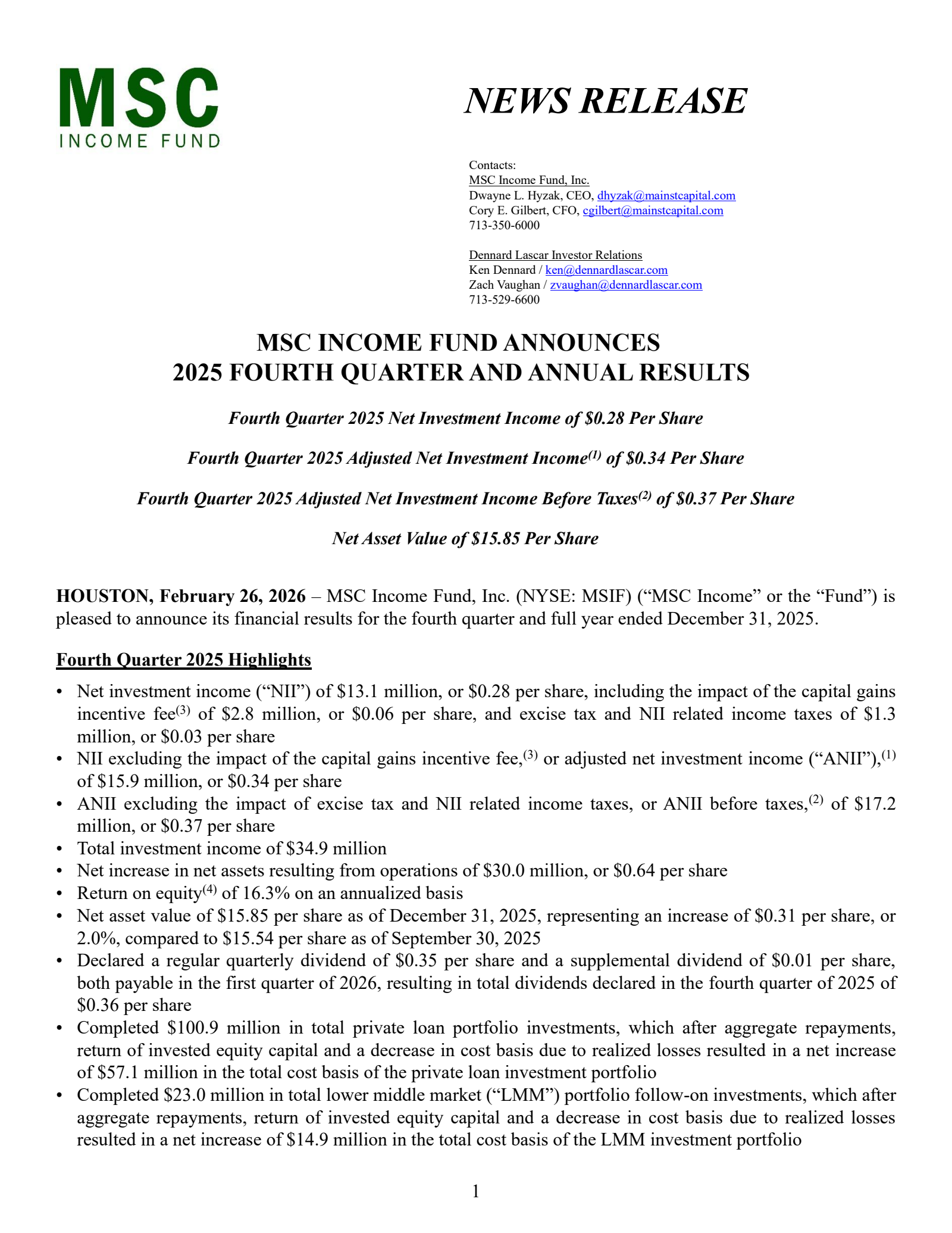 MSC Income Fund's Q4 2025 Press Release