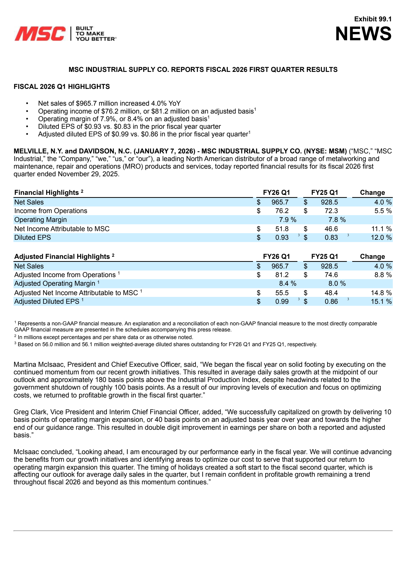 MSC Industrial Direct's Q1 2026 Earnings Release