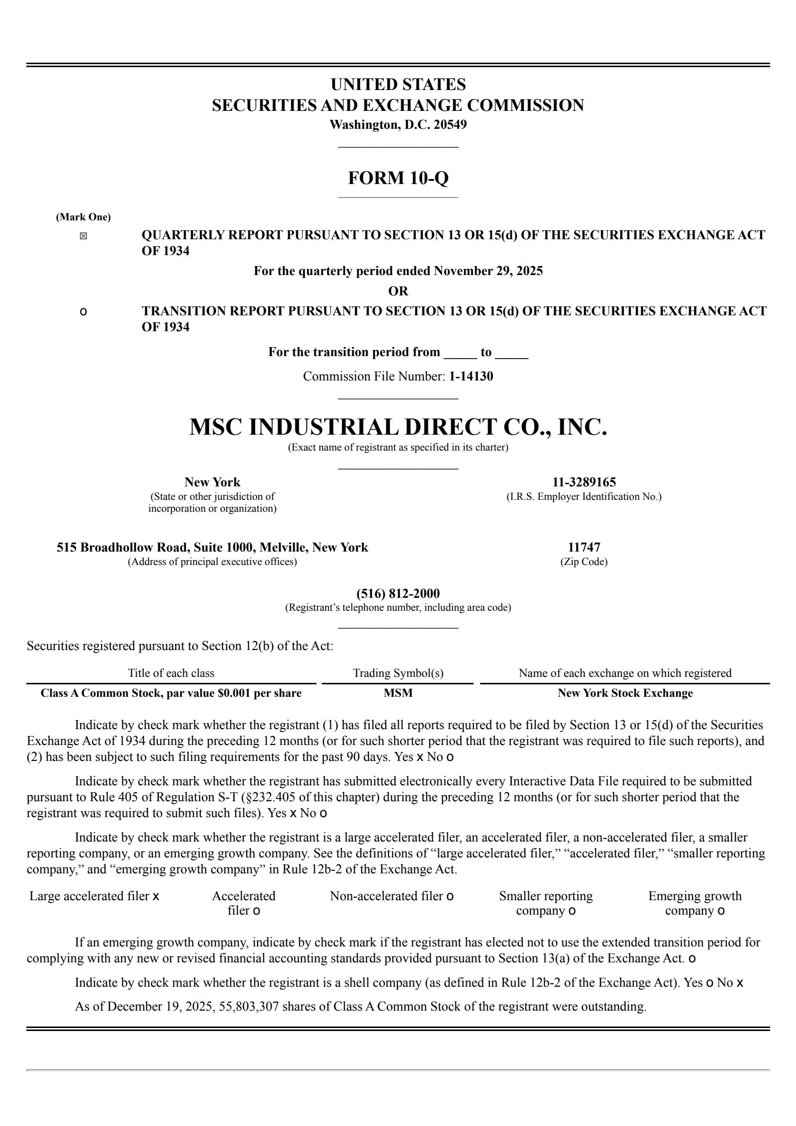 MSC Industrial Direct's Q1 2026 Quarterly Report